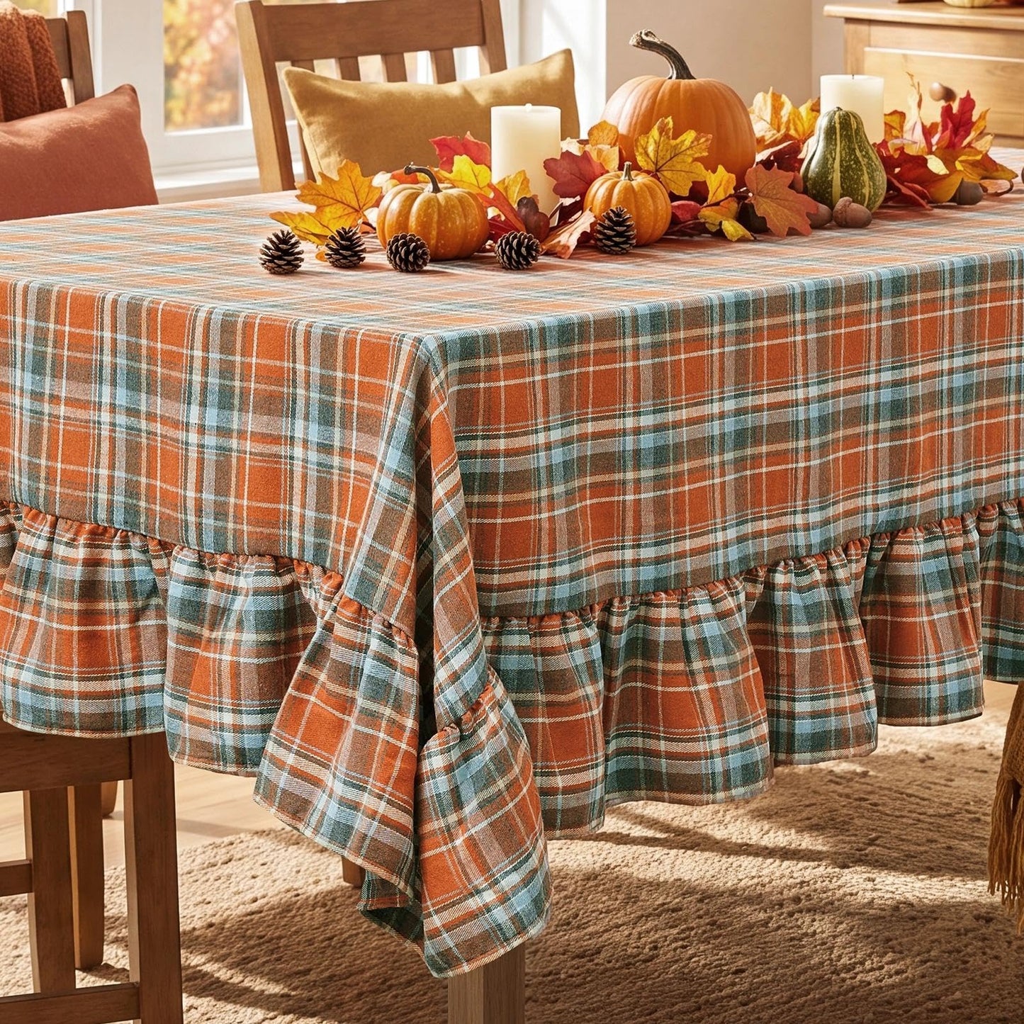 Romanstile Gingham Ruffled Tablecloth Rectangle, 60 x 84 Inch, Sage Green | Waterproof Checkered Table Cloth, Polyester-cotton, Farmhouse Plaid Table Cover for Outdoor, Picnic, Camping, Party