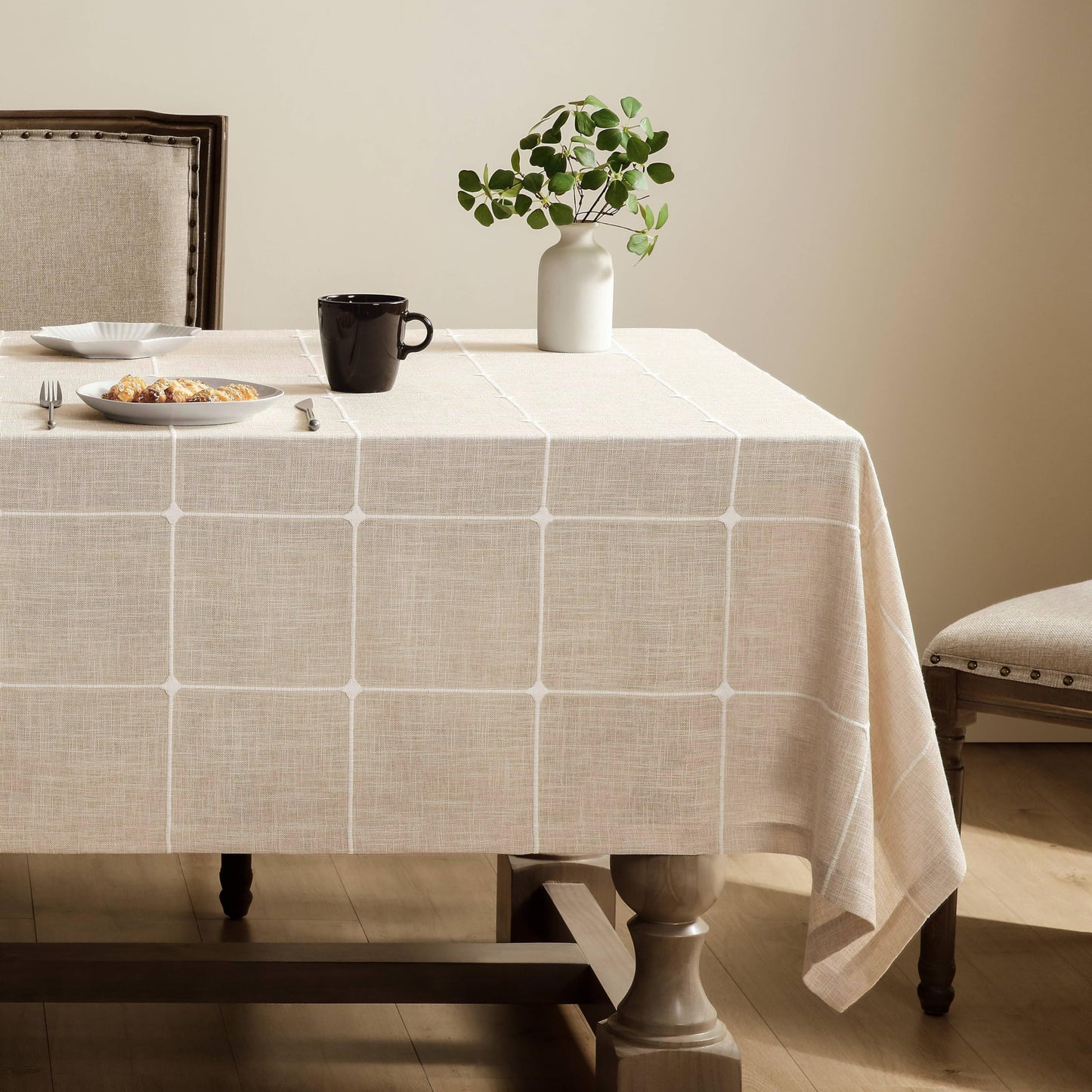 Grid Embroidered Rectangle Hemmed Tablecloths 60x120in, Blue | Heavy Weight Non-sheer Linen Fabric, Mitered Corner Finish, Water Resistant Farmhouse Table Cover, Boho Plaid Home Decor