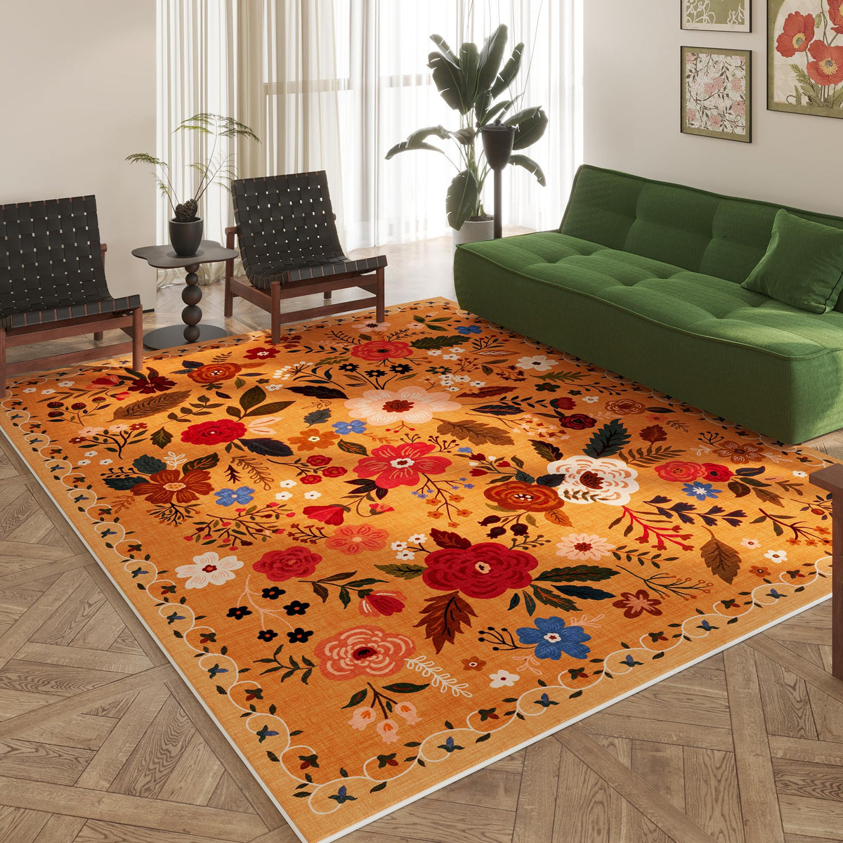 Rugcomf Living Room Rug 5x7 Rug Machine Washable Boho Area Rug Non Slip Floral Vintage Low Pile Large Rugs for Living Room, Bedroom, Farmhouse, Dining Room, Kids Playroom(Black)