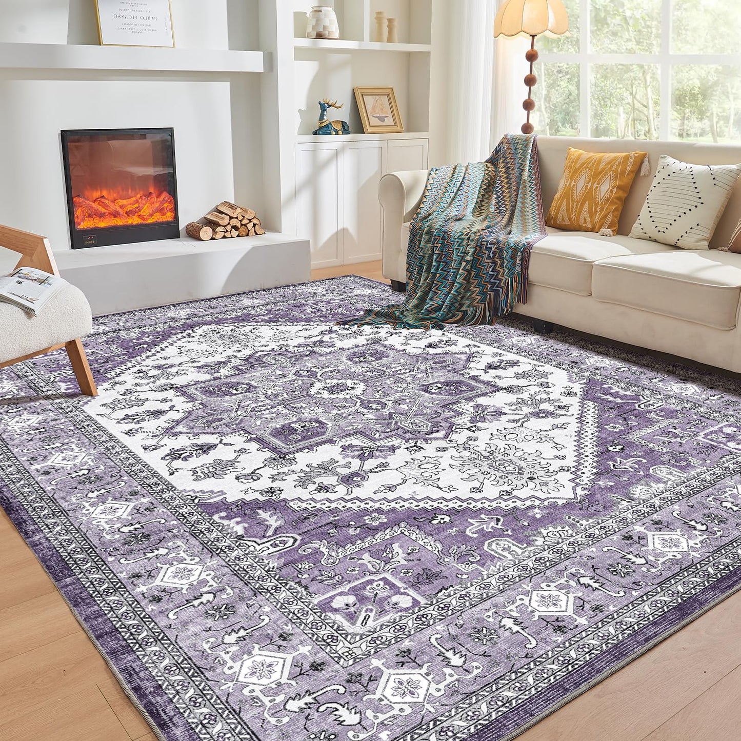 OPPODREAM Soft Area Rugs 5x7, Persian-Inspired Washable Rug, Blue & Gold | Low-Pile Faux Cashmere Surface, TPR Non-Slip Backing, 5 x 7 Carpet for Bedroom, Office, Dorm, Dining Room