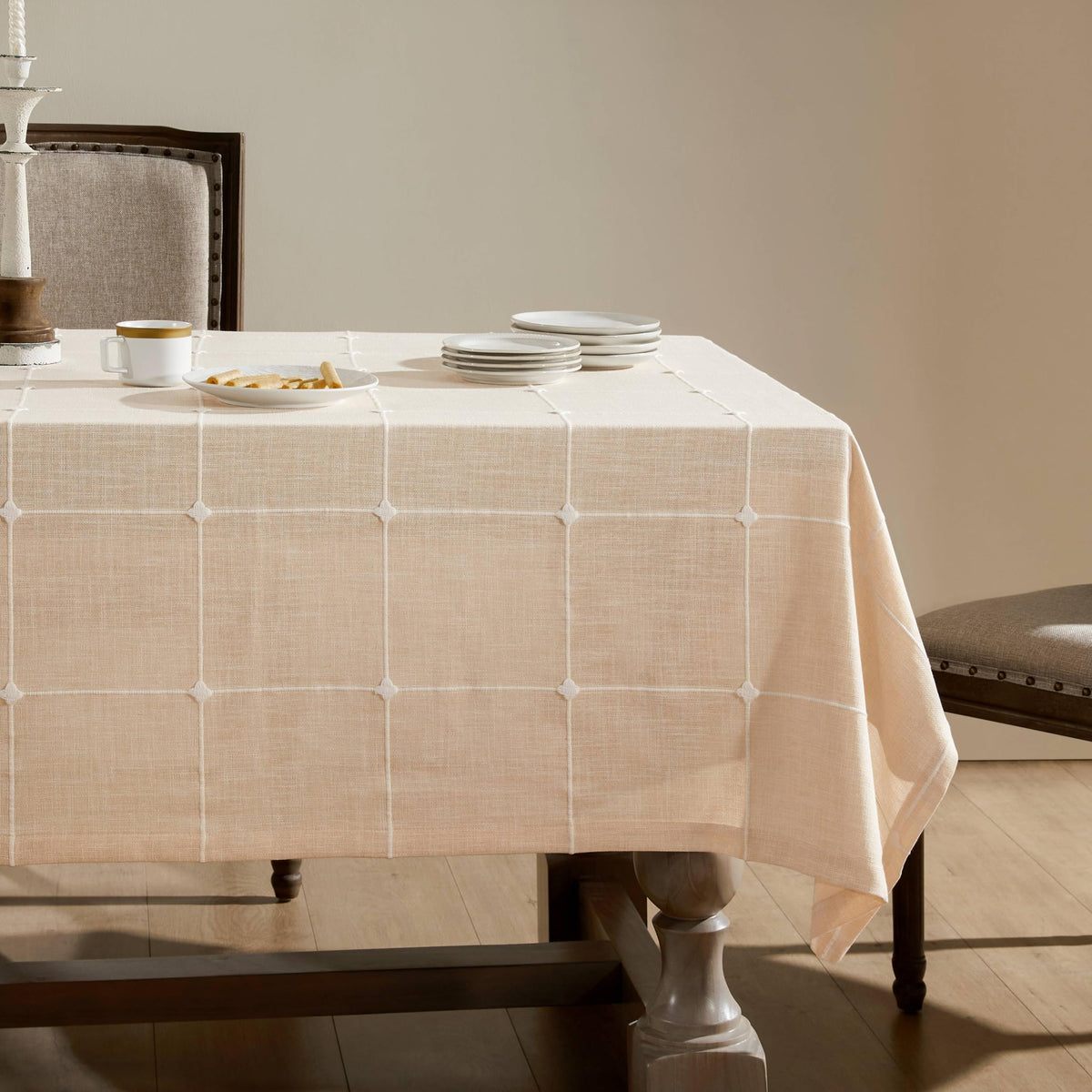 Grid Embroidered Rectangle Hemmed Tablecloths 60x120in, Blue | Heavy Weight Non-sheer Linen Fabric, Mitered Corner Finish, Water Resistant Farmhouse Table Cover, Boho Plaid Home Decor