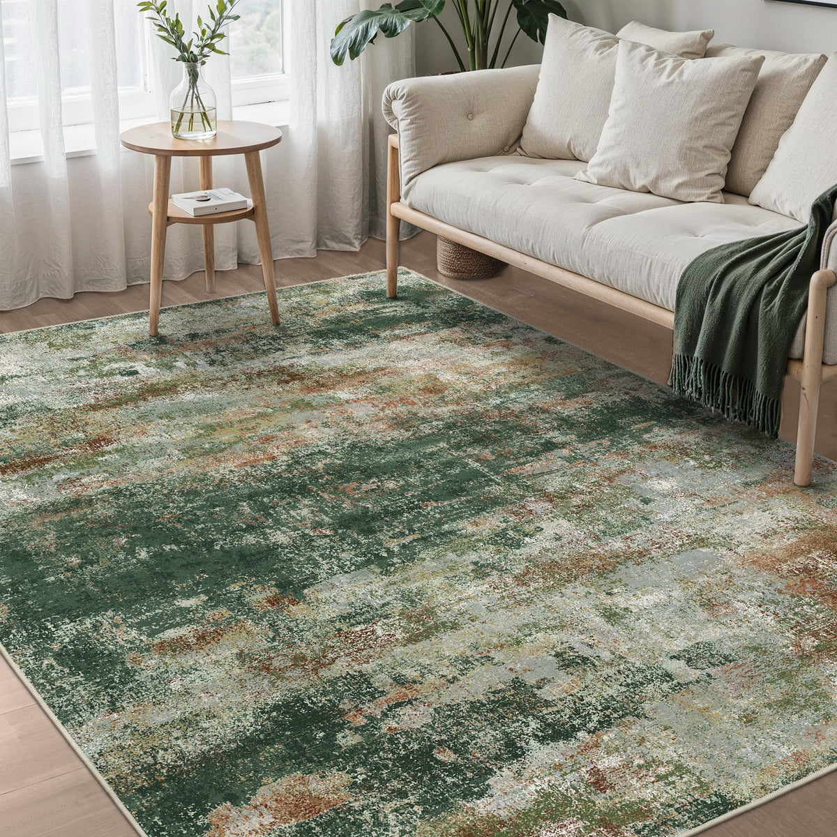 BEIMO 5x7 Green Abstract Area Rug, Washable Non-Slip for Bedroom | Soft Low-Pile Carpet, Lightweight and Easy to Vacuum, Sage Living Rooms, Dining Rooms, Bedrooms, and Home Offices