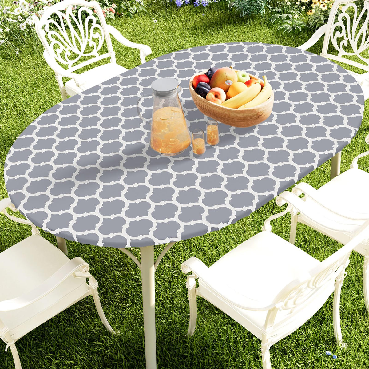 Smiry Round Picnic Tablecloth, Waterproof Elastic Fitted Table Covers for 45" - 56" Tables, Wipeable Flannel Backed Vinyl Tablecloths for Camping, Indoor, Outdoor, Grey & White