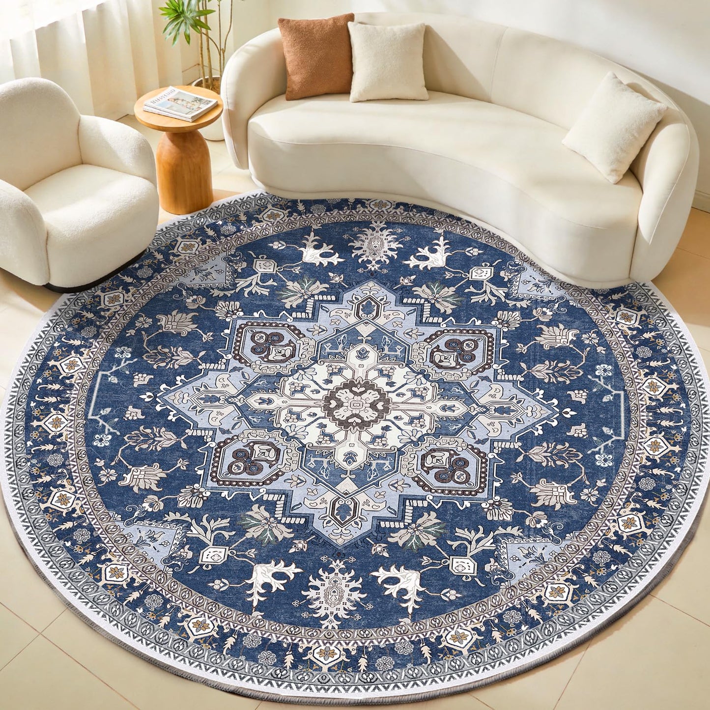 OPPODREAM Soft Area Rugs 5x7, Persian-Inspired Washable Rug, Blue & Gold | Low-Pile Faux Cashmere Surface, TPR Non-Slip Backing, 5 x 7 Carpet for Bedroom, Office, Dorm, Dining Room
