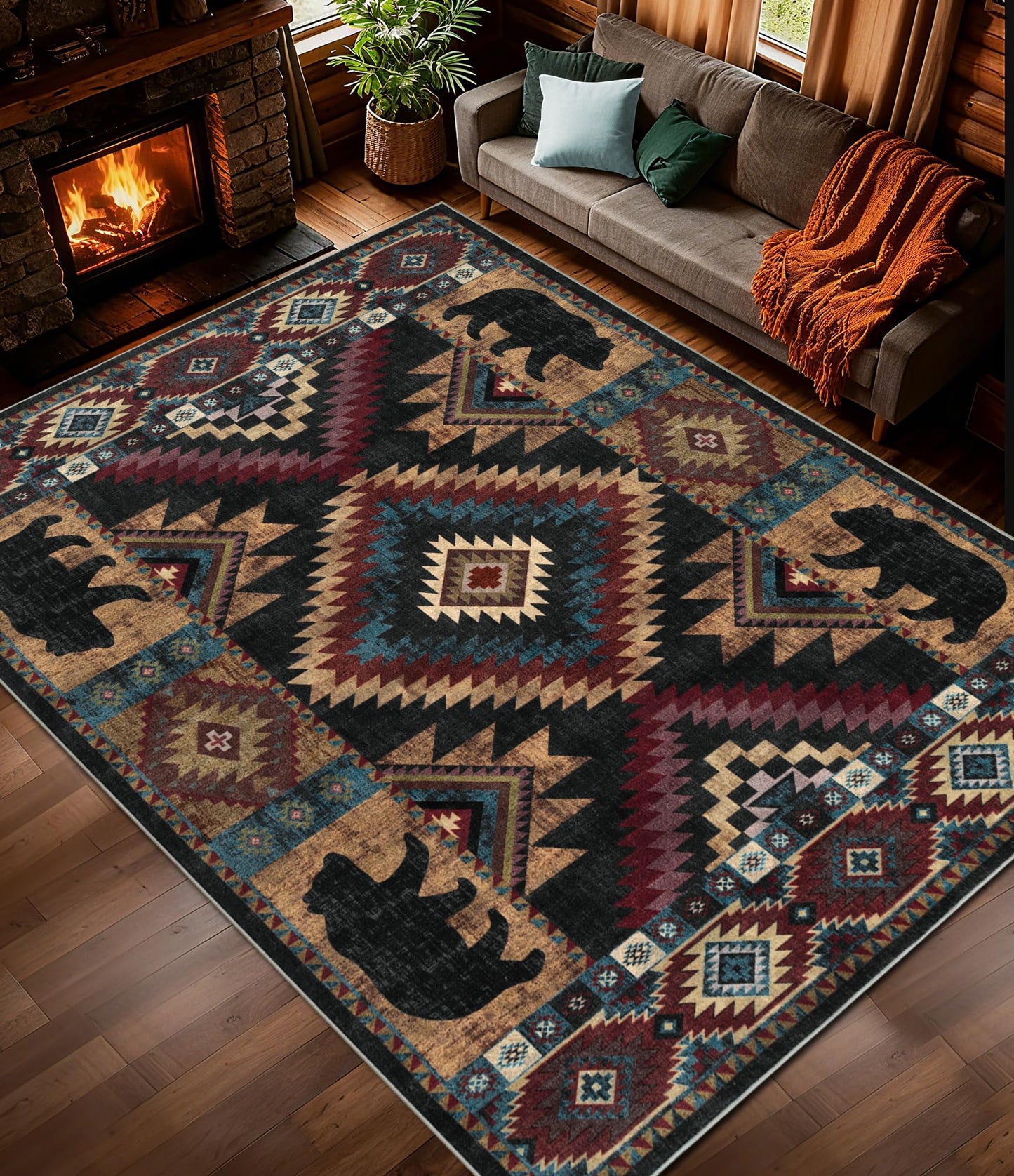 Rustic Cabin Area Rug 5x7,Machine Washable Lodge Bear Rug,Non-Slip Low Pile Print Pattern Southwestern Rug for Living Room Bedroom