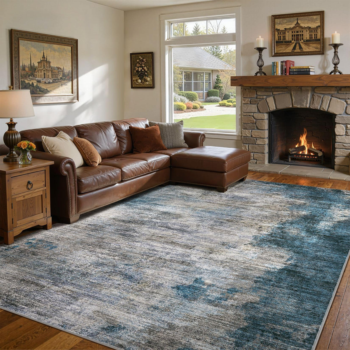 DMOYEST 8x10 Area Rug for Living Room Washable Abstract Indoor Carpet | Neutral Modern Low Pile Rugs Kid & Pet Friendly Large Soft Thin Carpet for Bedroom Dining Room - Grey Blue