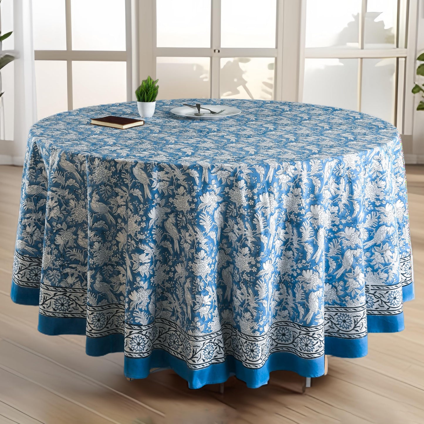 CPC Apatite Blue Block Print Cotton Handmade Round Tablecloth 110 Inch Decorative Table Cover for Home Decor, Dinning, Festive, Wedding, Farmhouse Gift for Spring, Mother's Day