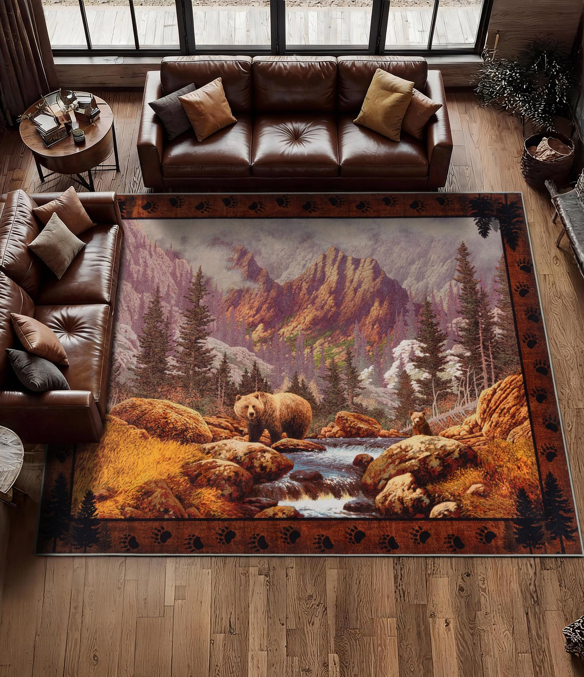 Rustic Cabin Area Rug 5x7,Machine Washable Lodge Bear Rug,Non-Slip Low Pile Print Pattern Southwestern Rug for Living Room Bedroom