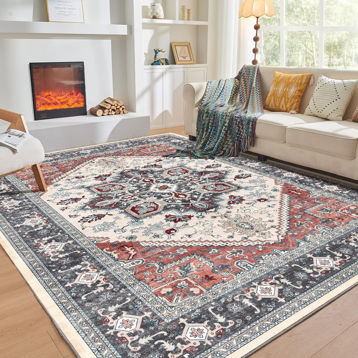 OPPODREAM Soft Area Rugs 5x7, Persian-Inspired Washable Rug, Blue & Gold | Low-Pile Faux Cashmere Surface, TPR Non-Slip Backing, 5 x 7 Carpet for Bedroom, Office, Dorm, Dining Room
