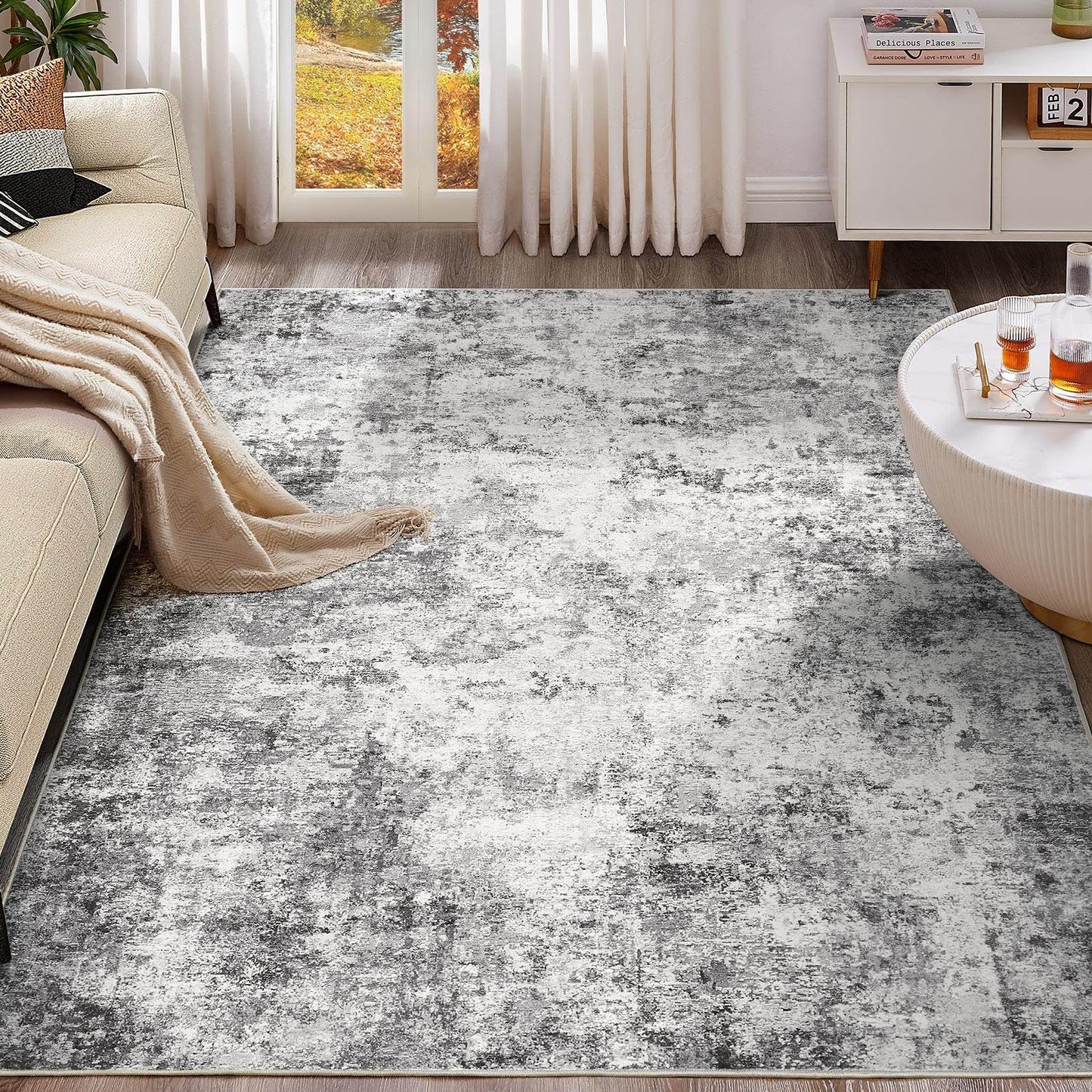 UERMEI 8x10 Area Rug Living Room Rugs - Washable Neutral Modern Abstract Soft Thin Large Rug Indoor Floor No Slip Rug Carpet for Bedroom Under Dining Table Home Office Decor - Brown Grey