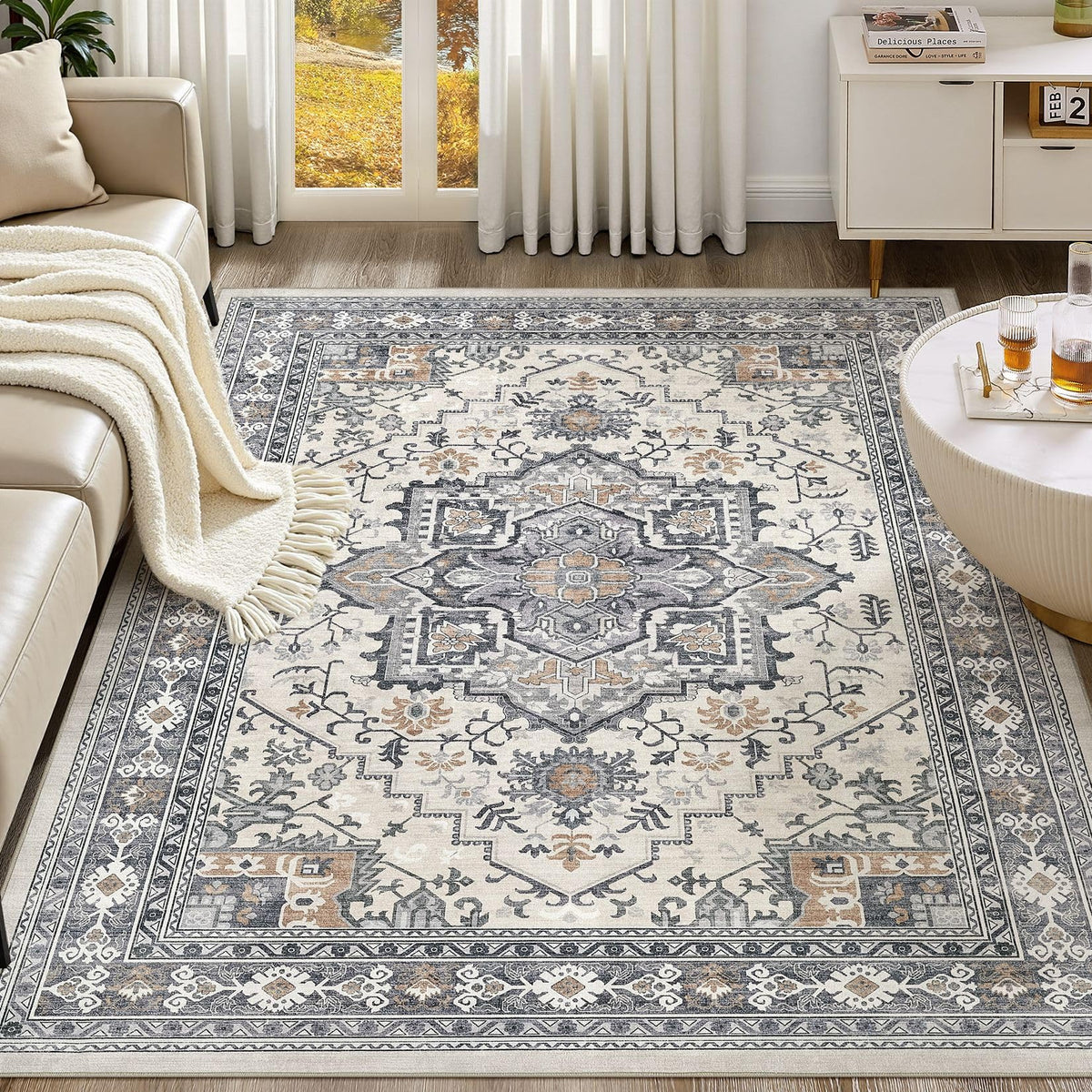UERMEI 9x12 Area Rug Living Room Rugs - Washable Neutral Modern Abstract Soft Thin Large Rug Indoor Floor No Slip Rug Carpet for Bedroom Under Dining Table Home Office Decor - Brown Grey