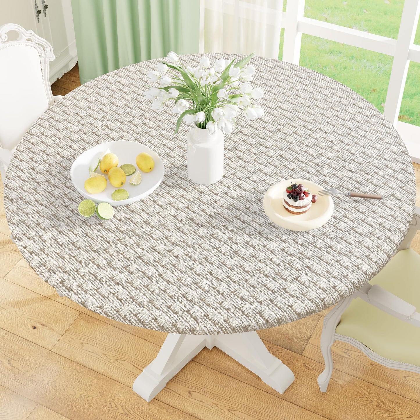 Round Fitted Tablecloth with Elastic Edge, 100% Waterproof Oil Proof Plastic Table Cover, Vinyl Flannel Backed Tablecloth Fits 36"-44" Round Tables for Dinner, Outdoor, Picnic, Oak Wooden Grain
