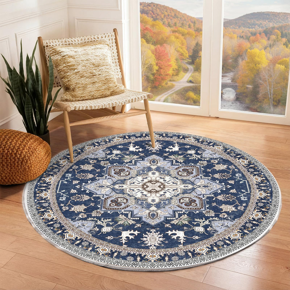 OPPODREAM Soft Area Rugs 5x7, Persian-Inspired Washable Rug, Blue & Gold | Low-Pile Faux Cashmere Surface, TPR Non-Slip Backing, 5 x 7 Carpet for Bedroom, Office, Dorm, Dining Room
