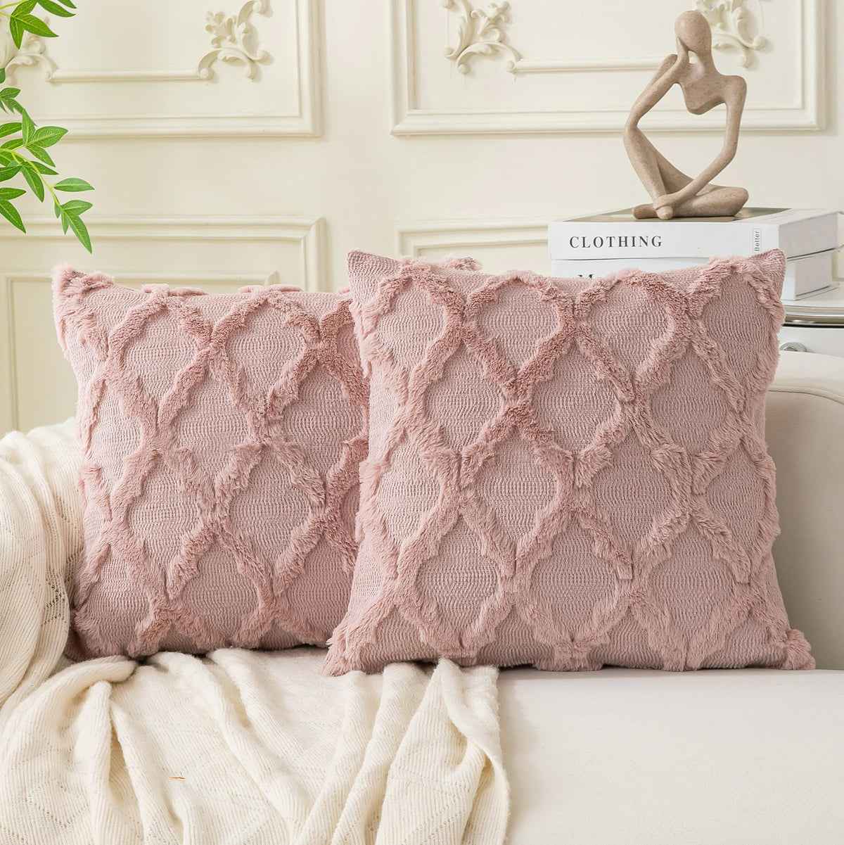 Set of 2 Soft Moroccan Throw Pillow Covers 18x18 Inch Plush Boho Decorative Pillow Cover Accent Cushion Case for Couch Sofa Bed, Beige