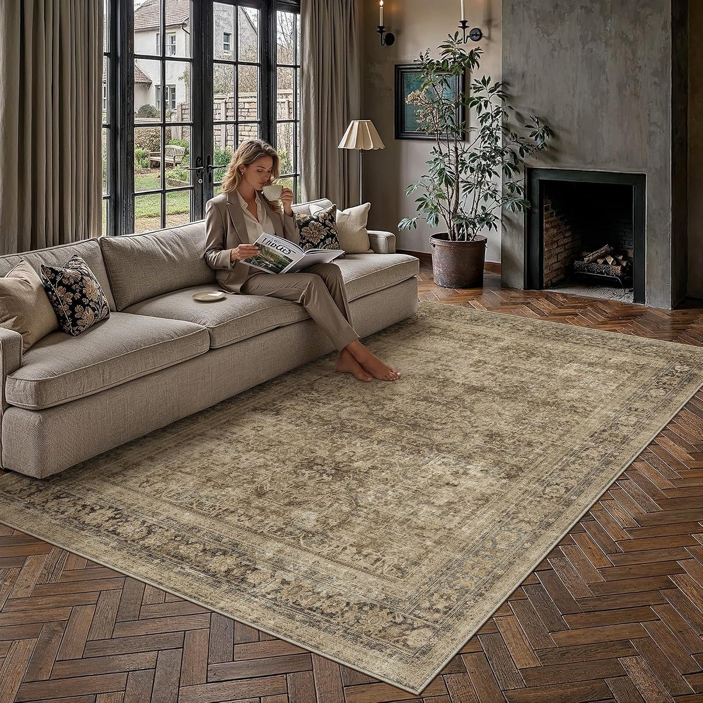 8x10 Area Rug Brown Vintage Distressed Carpet | Washable, Non Slip, Soft Low Pile, Indoor Retro Rugs for Large Living Room, Dining Room, Bedroom