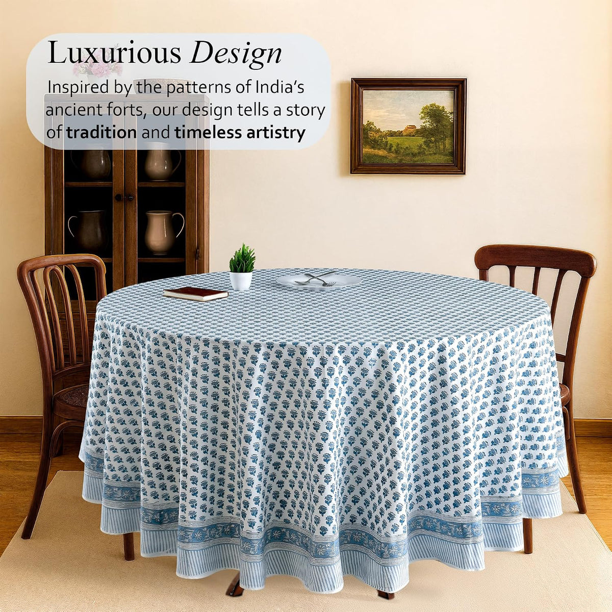 CPC Apatite Blue Block Print Cotton Handmade Round Tablecloth 110 Inch Decorative Table Cover for Home Decor, Dinning, Festive, Wedding, Farmhouse Gift for Spring, Mother's Day