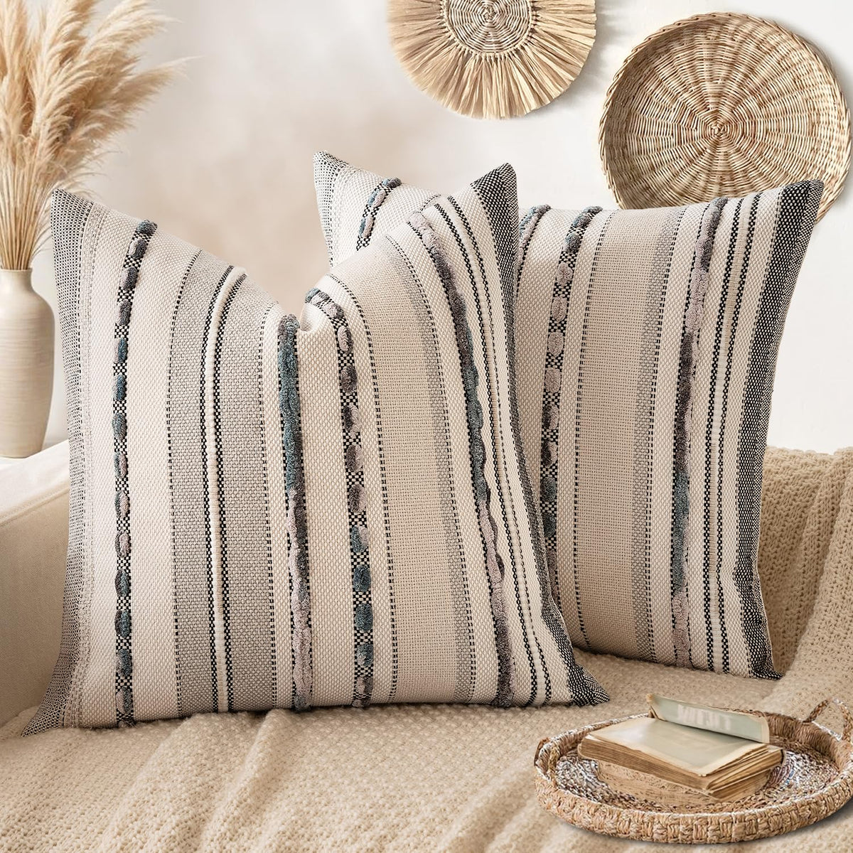 ANRODUO Boho Decorative Pillow Covers Olive Green Stripe 18x18 Pack of 2 | Throw Pillow Covers, Farmhouse Cushion Case, Chenille Pillow Cases, Pillow Covers, Accent Neutral Pillowcase for Couch Bed