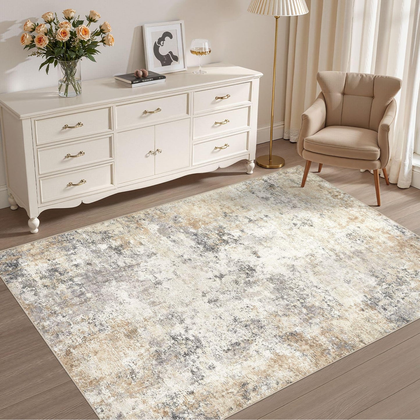 UERMEI 8x10 Area Rug Living Room Rugs - Washable Neutral Modern Abstract Soft Thin Large Rug Indoor Floor No Slip Rug Carpet for Bedroom Under Dining Table Home Office Decor - Brown Grey