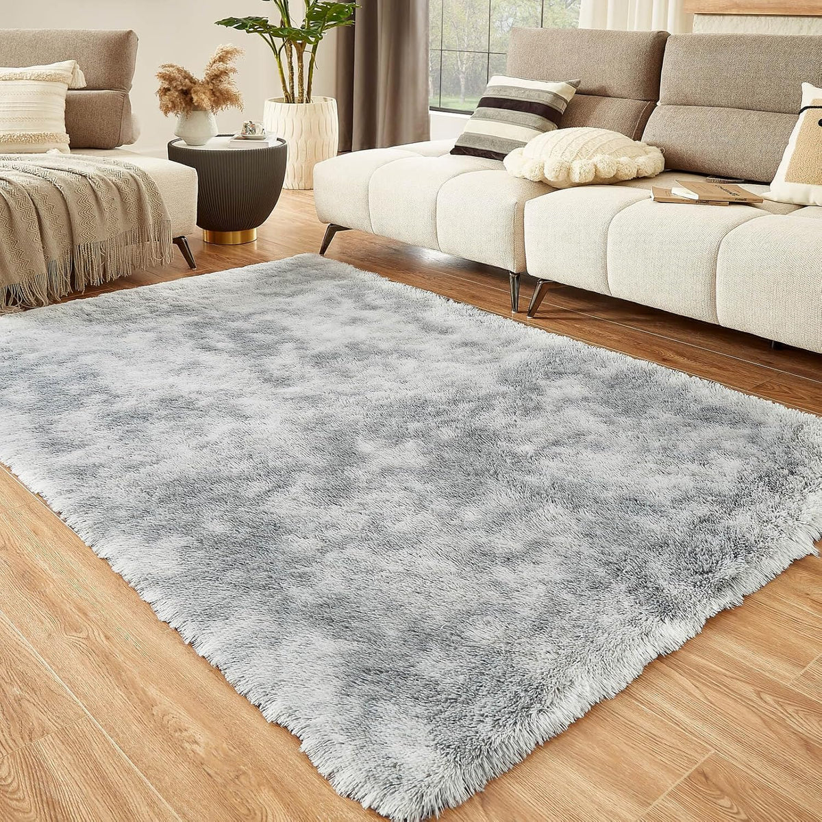Floralux Rugs for Living Room, 6x9 Large Shag Area Rug, Tie-Dyed Light Grey Soft Fluffy Carpets for Bedroom