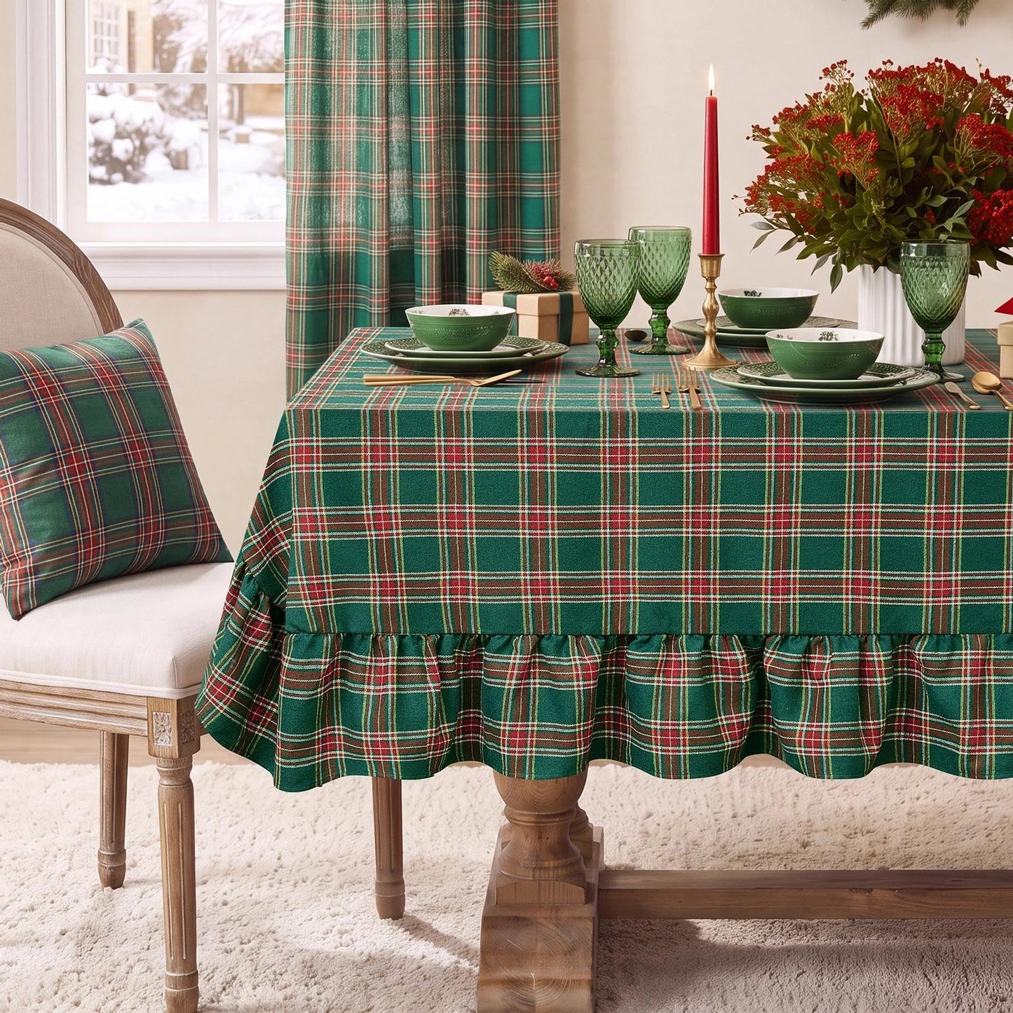 Softalker Outdoor Checkered Tablecloth, Linen Cotton Gingham Table Cloths for 6 Foot Rectangle Tables with Tassel, Heavy Duty Wrinkle Free Plaid Table Cover for Picnic Camping - 55 x 84 Inch, Sage