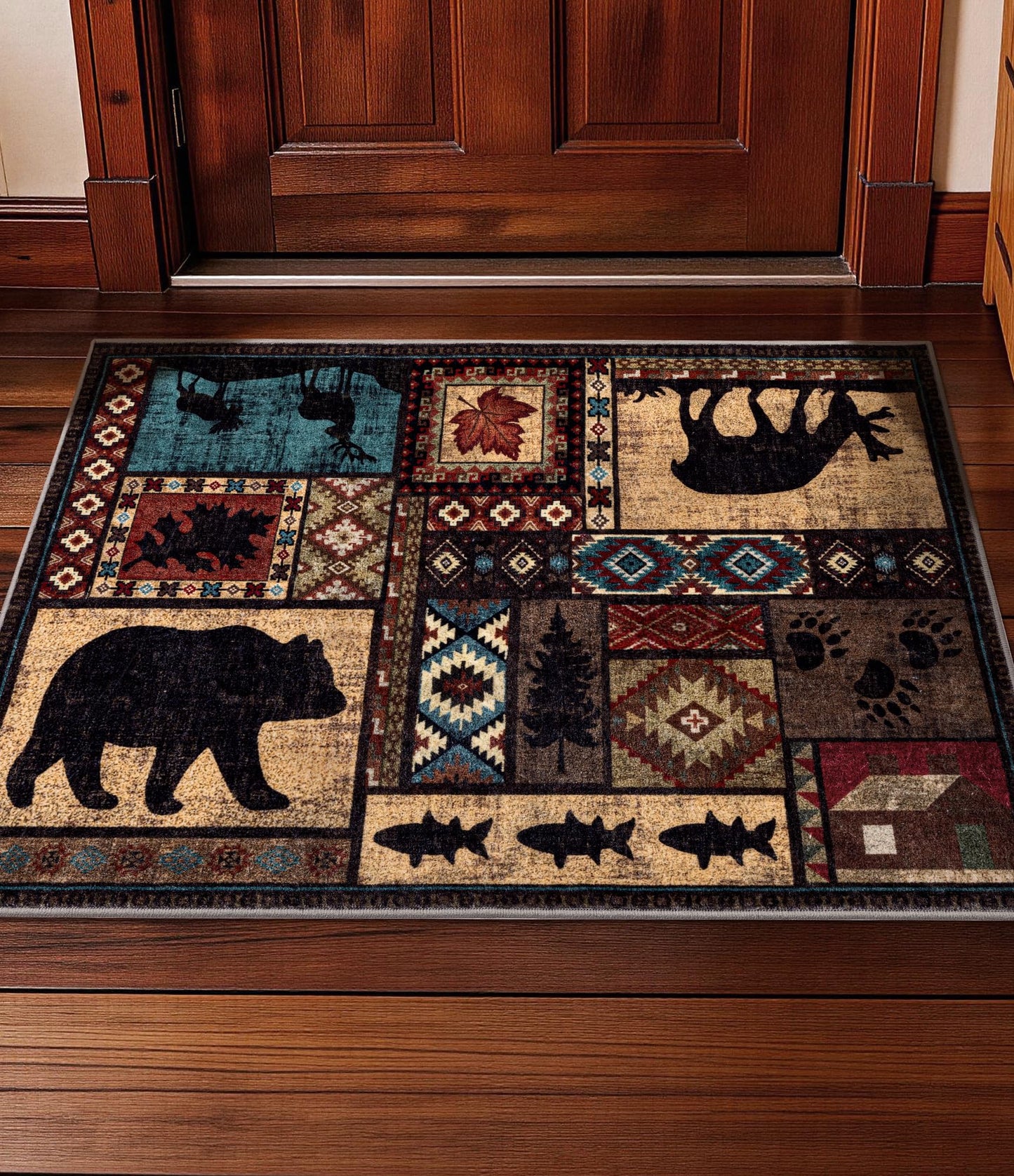 Rustic Cabin Area Rug 5x7,Machine Washable Lodge Bear Rug,Non-Slip Low Pile Print Pattern Southwestern Rug for Living Room Bedroom