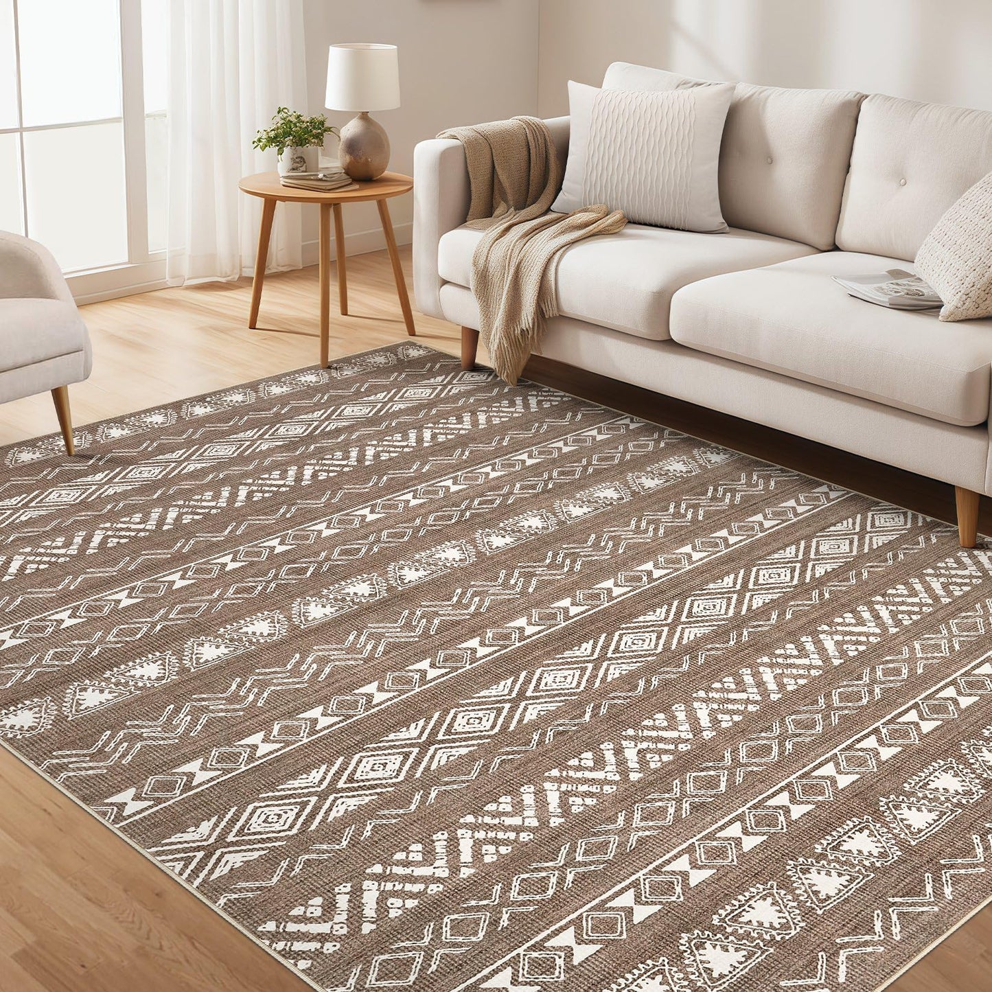 kakania 9x12 Washable Area Rug: Non Slip Soft Thin Carpet, Boho Geometric Modern Decor, Easy Clean Indoor Floor Large Rugs for Living Room Bedroom Kids Dorm Office Dining - Brown