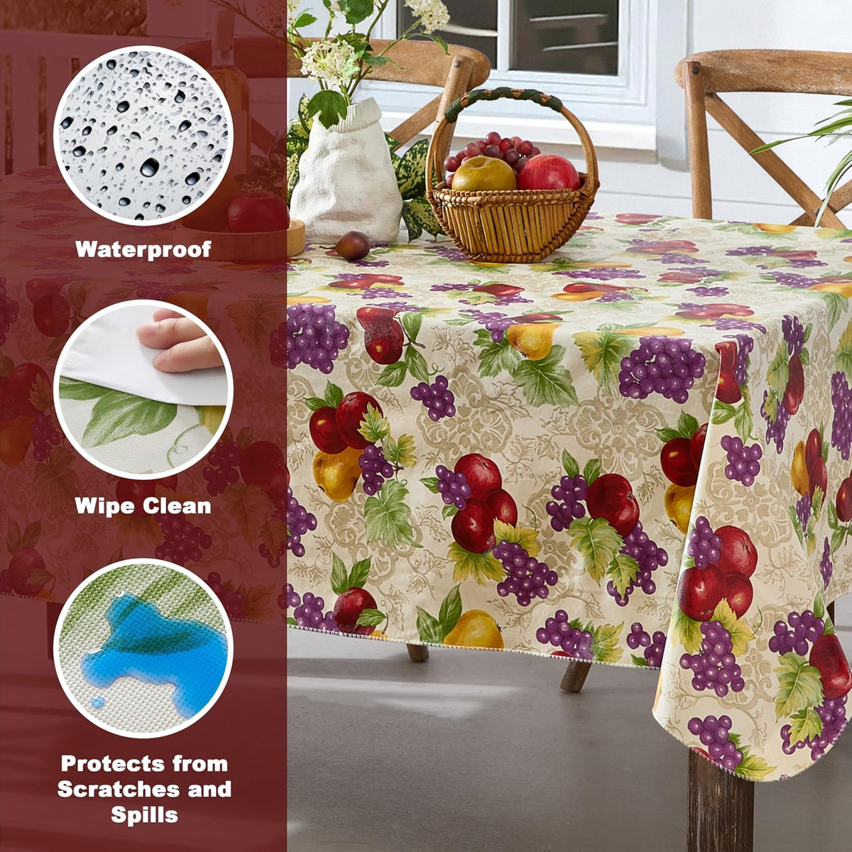 Newbridge Avalon Fresh Ripe Fruit 52”x52” Square Vinyl Tablecloth | Apples, Peaches, Pear and Grape Fruit Print Indoor Outdoor Waterproof Easy Care Vinyl Table Cover with Flannel Backing