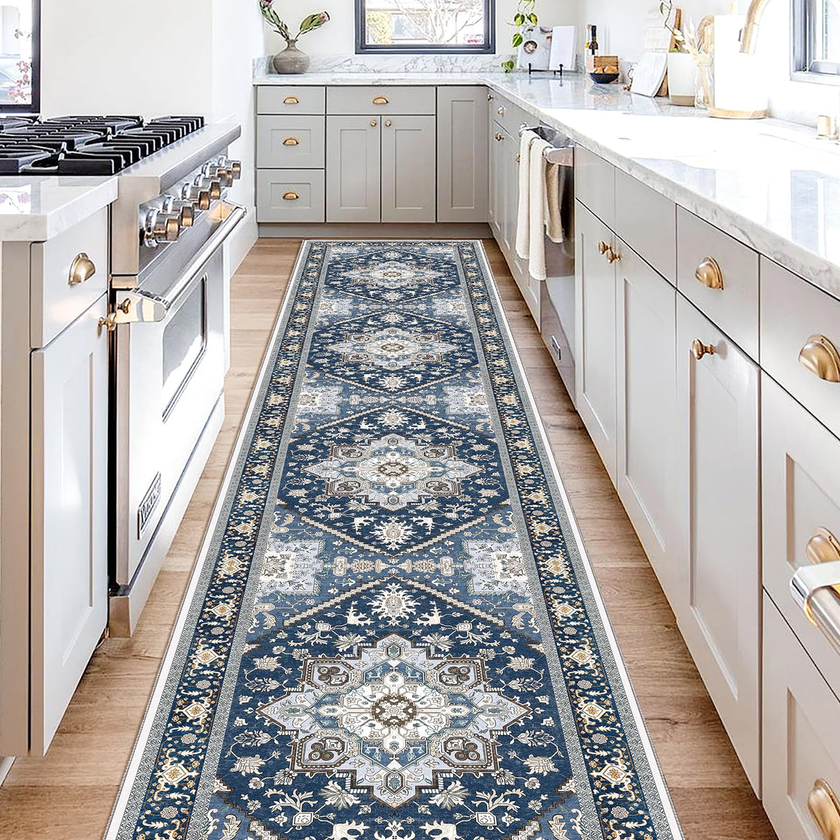 OPPODREAM Soft Area Rugs 5x7, Persian-Inspired Washable Rug, Blue & Gold | Low-Pile Faux Cashmere Surface, TPR Non-Slip Backing, 5 x 7 Carpet for Bedroom, Office, Dorm, Dining Room