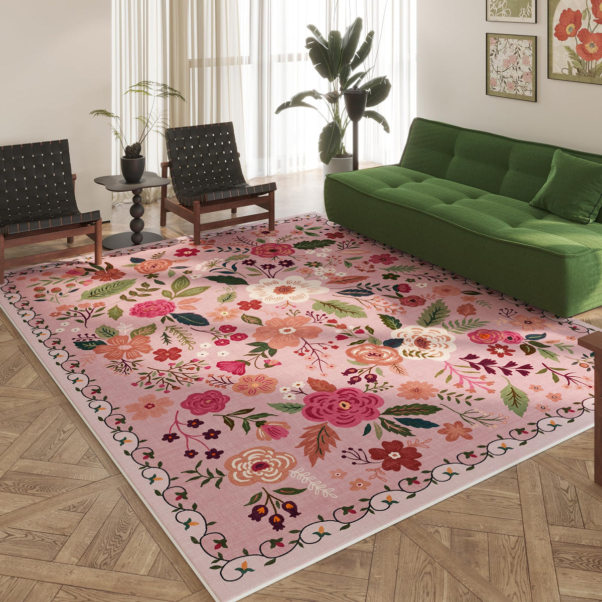 Rugcomf Living Room Rug 5x7 Rug Machine Washable Boho Area Rug Non Slip Floral Vintage Low Pile Large Rugs for Living Room, Bedroom, Farmhouse, Dining Room, Kids Playroom(Black)