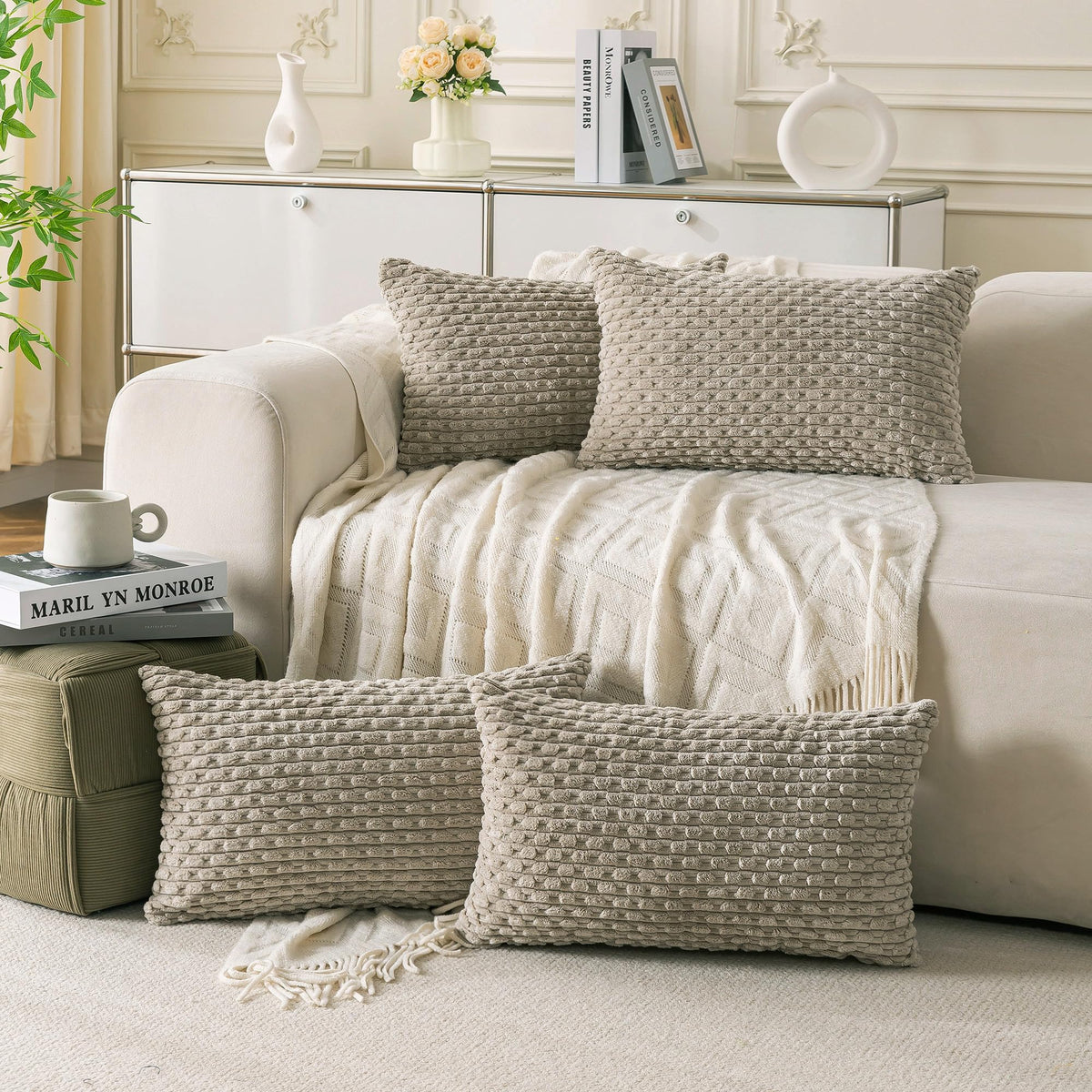 Set of 4 Neutral Decorative Throw Pillow Covers 18x18 Inch Corduroy Pillow Covers for Bed Couch Sofa Living Room Soft Square Cushion Cases