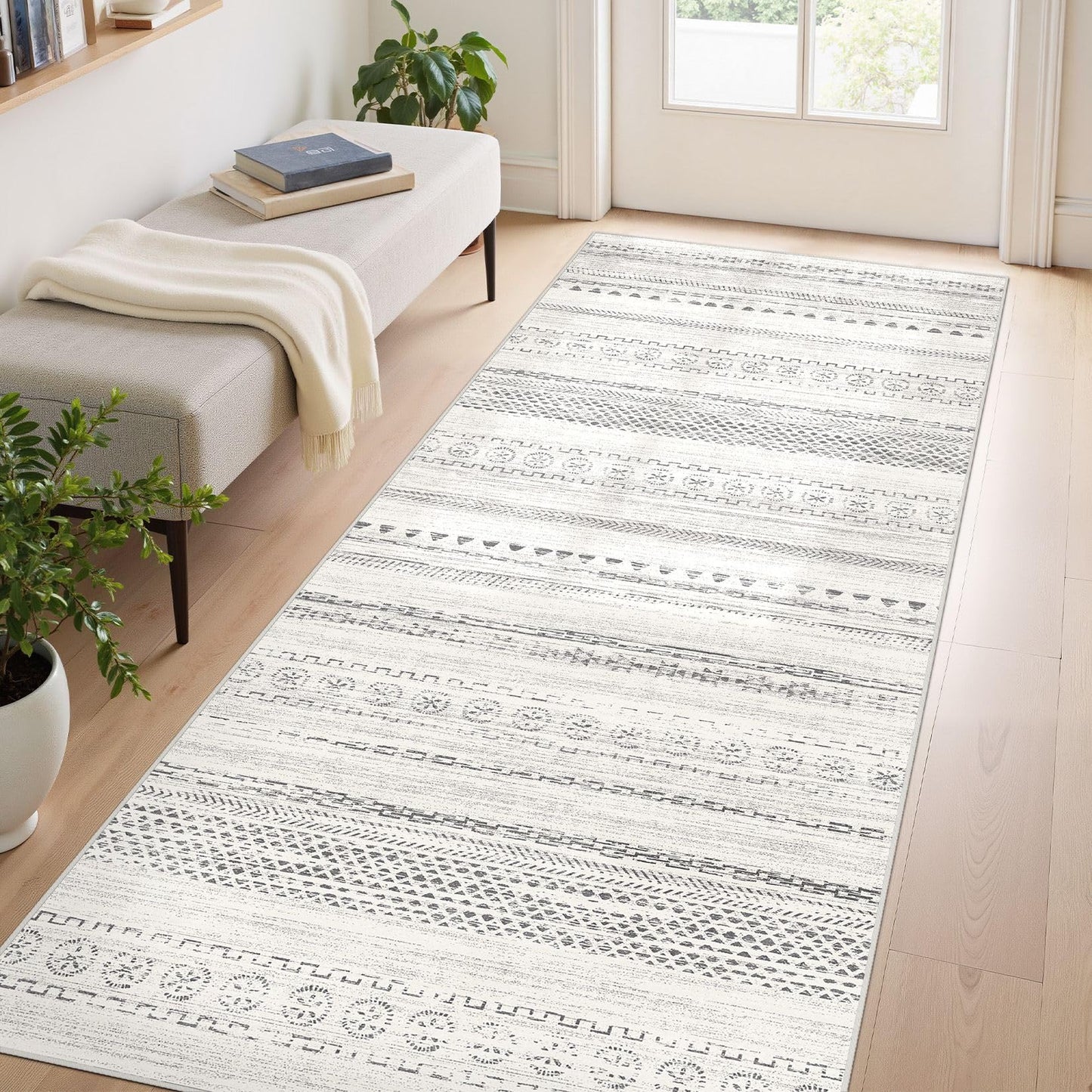 kakania 9x12 Washable Area Rug: Non Slip Soft Thin Carpet, Boho Geometric Modern Decor, Easy Clean Indoor Floor Large Rugs for Living Room Bedroom Kids Dorm Office Dining - Brown
