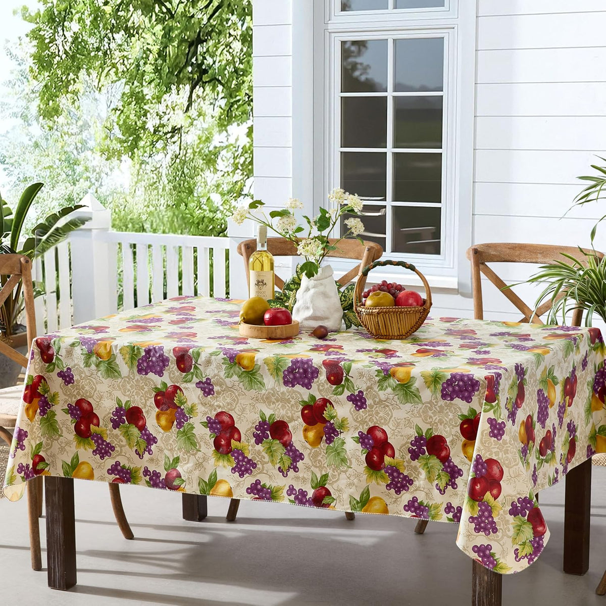 Newbridge Avalon Fresh Ripe Fruit 52”x52” Square Vinyl Tablecloth | Apples, Peaches, Pear and Grape Fruit Print Indoor Outdoor Waterproof Easy Care Vinyl Table Cover with Flannel Backing