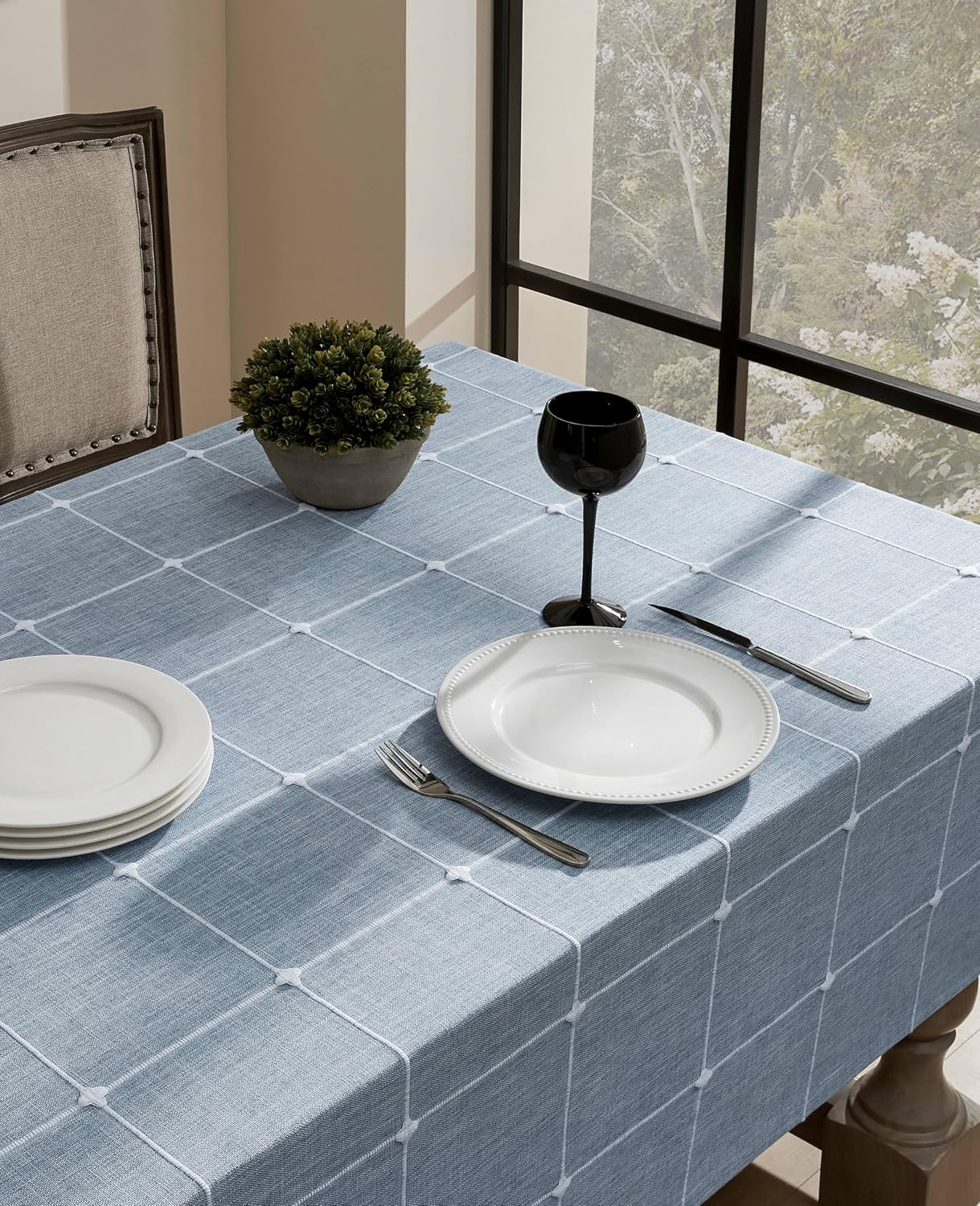 Grid Embroidered Rectangle Hemmed Tablecloths 60x120in, Blue | Heavy Weight Non-sheer Linen Fabric, Mitered Corner Finish, Water Resistant Farmhouse Table Cover, Boho Plaid Home Decor