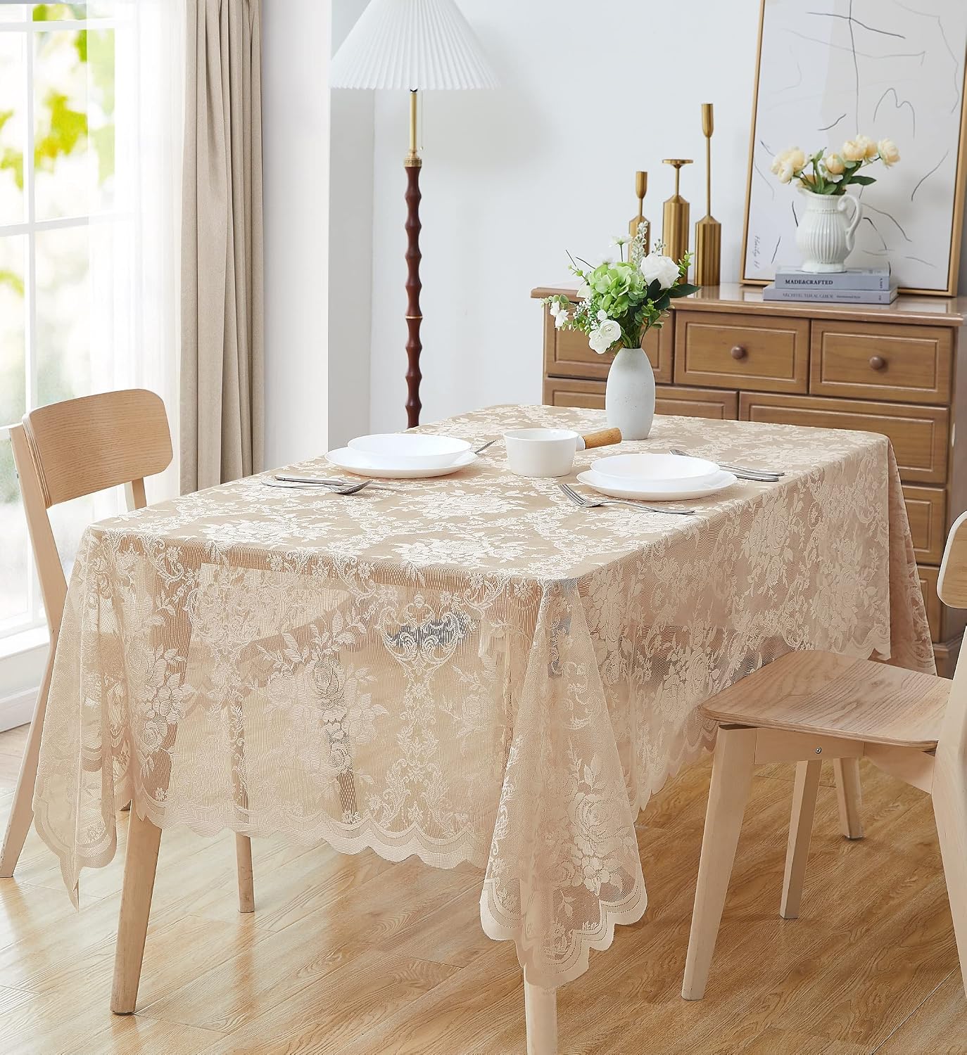 Warm Home Designs 60 x 120 Gold Rectangle Lace Tablecloth. LTC Linen 120 | Golden Rectangle Tablecloth with English Rose Design. Rustic Rectangular Tablecloth or Dining Table Cover for 10-12 Guests.