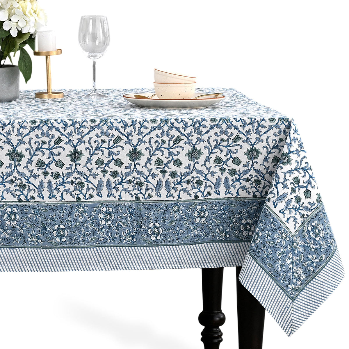 CPC Tablecloth 100% Cotton 70x108 Inch Indian Block Print Rectangle Table Cover, Blue Table Cloth for Weddings, Spring/Summer, Barbeque - Apatite Blue