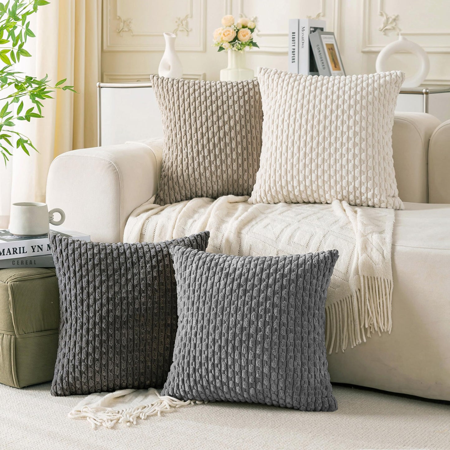 Set of 4 Neutral Decorative Throw Pillow Covers 18x18 Inch Corduroy Pillow Covers for Bed Couch Sofa Living Room Soft Square Cushion Cases