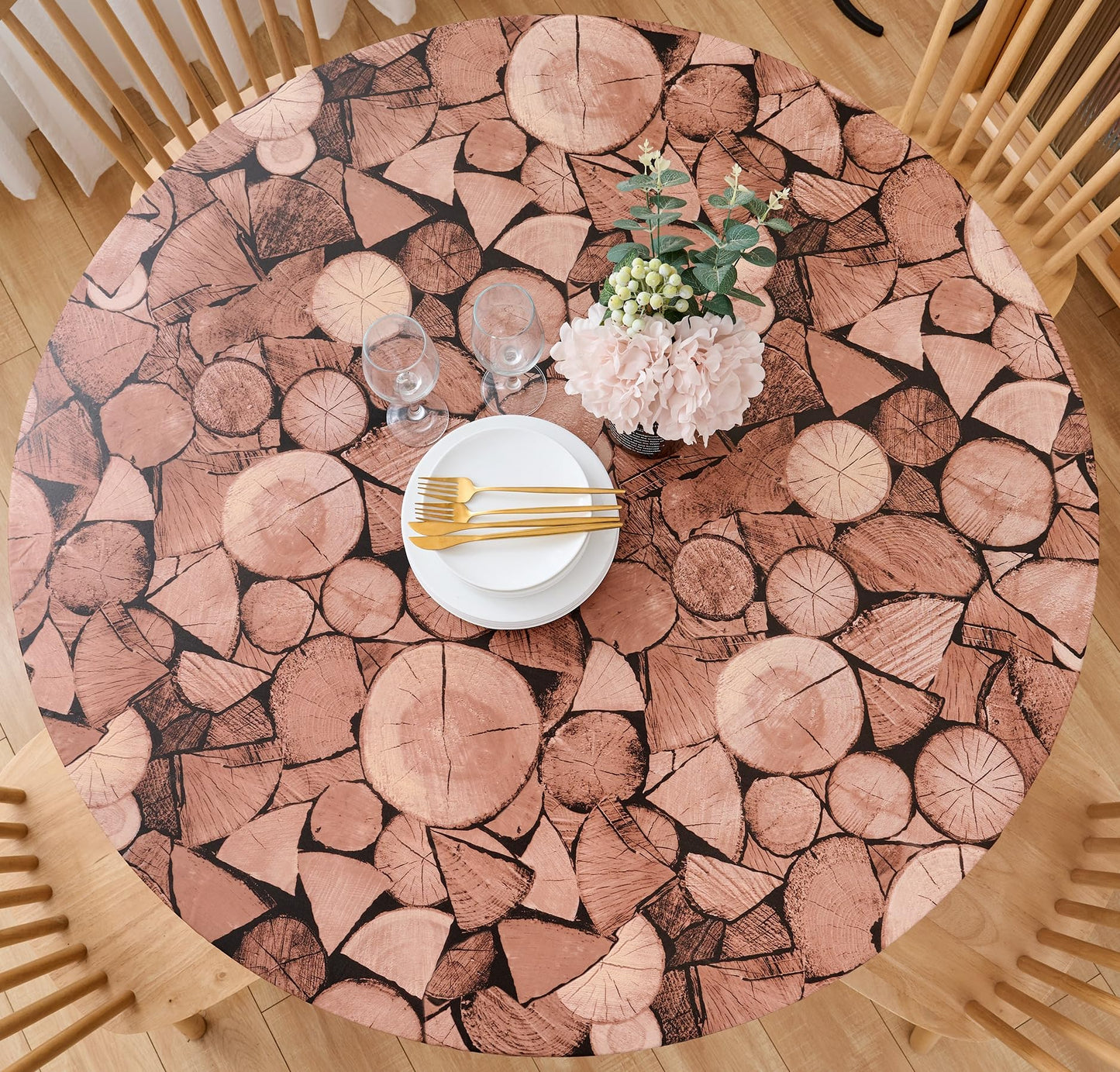 Pioggia Round Vinyl Fitted Tablecloth with Flannel Backing Elastic Table Cloth Waterproof Oil-Proof Plastic Table Cover Best for 45"-56" Round