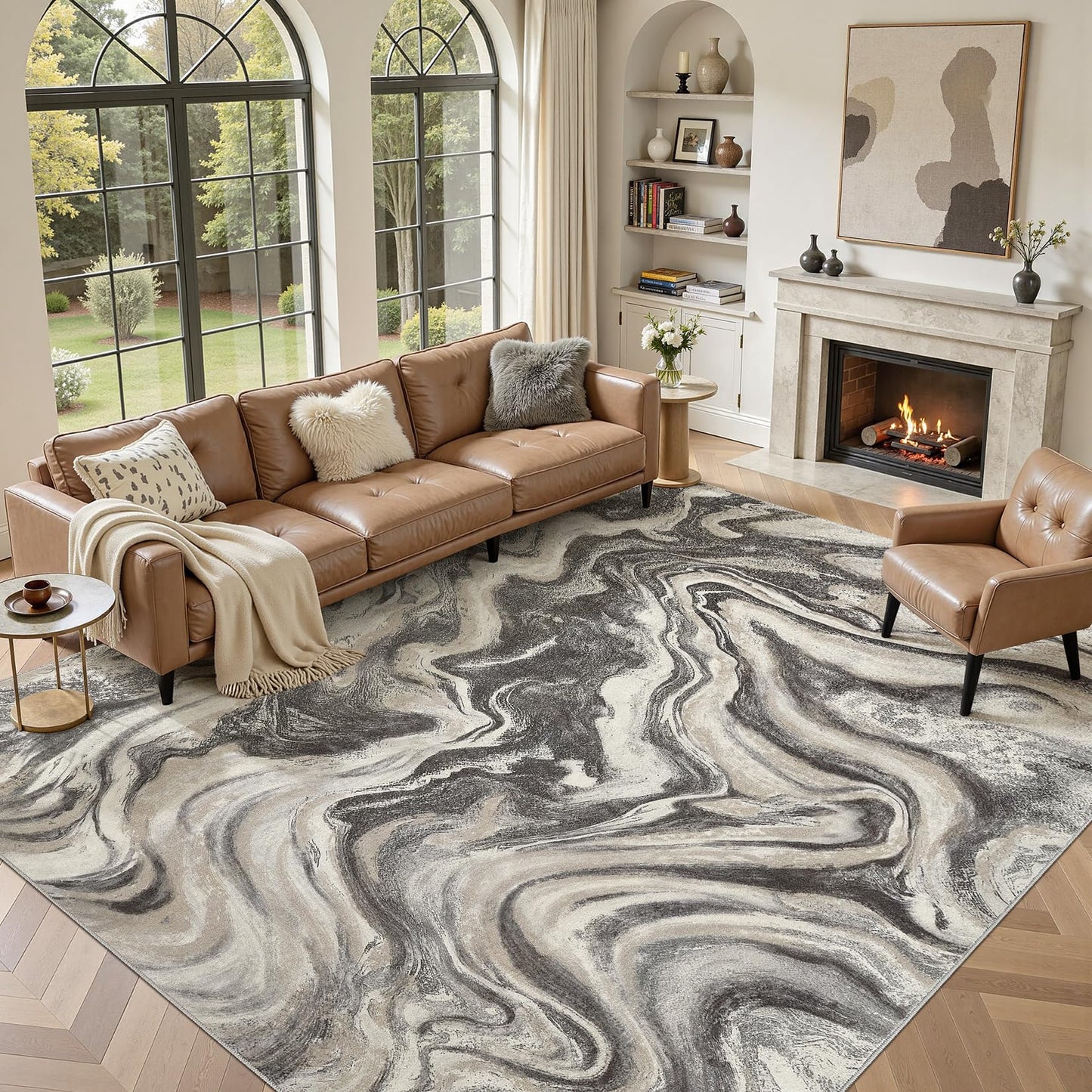 DMOYEST 8x10 Area Rug for Living Room Washable Abstract Indoor Carpet | Neutral Modern Low Pile Rugs Kid & Pet Friendly Large Soft Thin Carpet for Bedroom Dining Room - Grey Blue