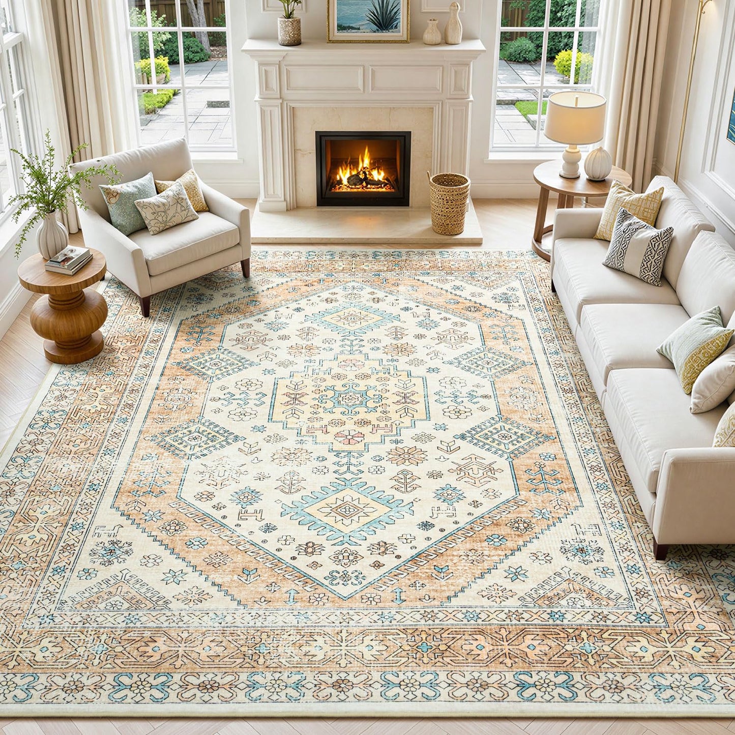 Lofus 5x7 Area Rugs for Living Room Bedroom, Soft Boho Carpet Floral Brown | High-Power Vacuuming, Non-Slip, Low Pile, Stain & Water Repellent, Soft, Skin-Friendly, for Kitchen Entryway Office