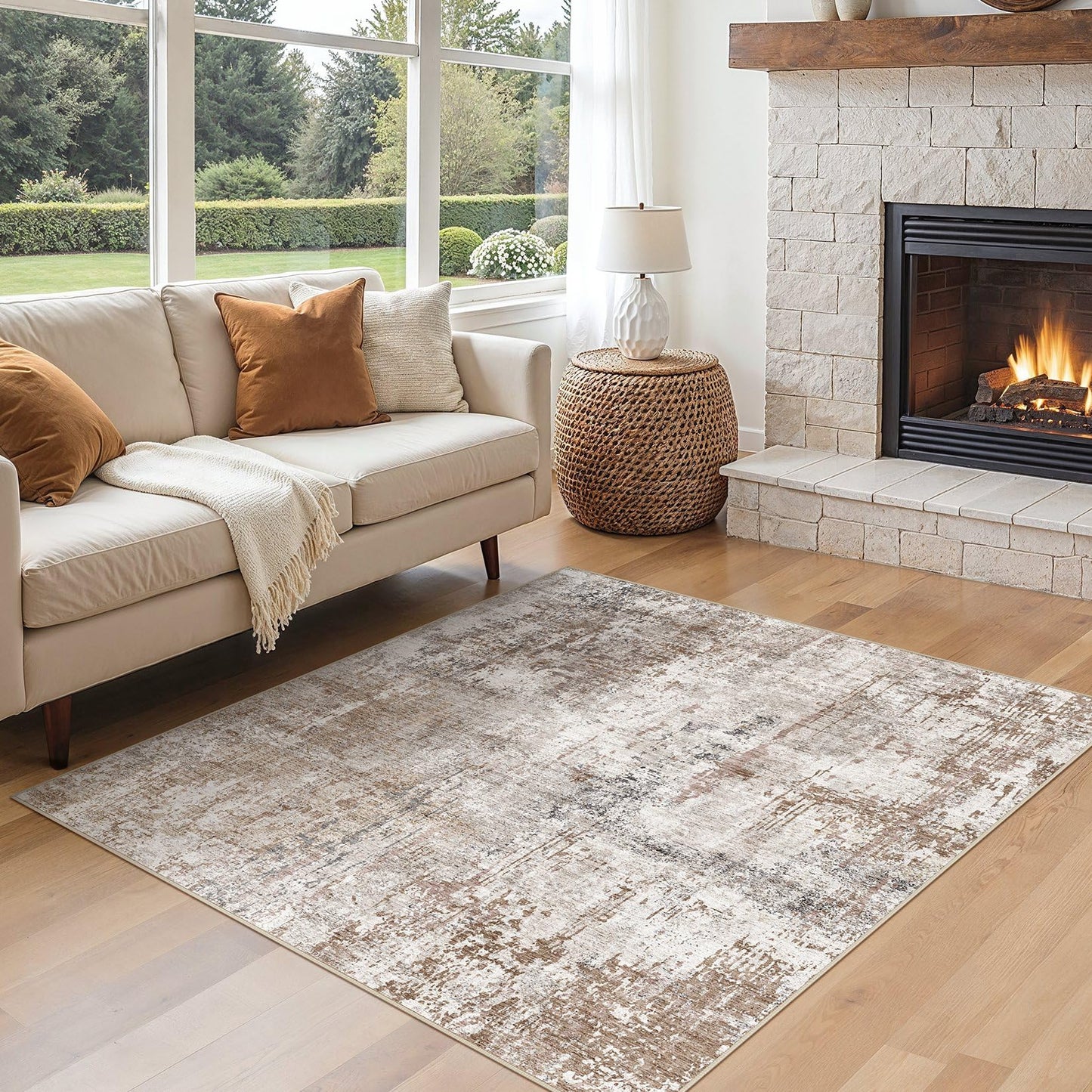 UERMEI 9x12 Area Rug Living Room Rugs - Washable Neutral Modern Abstract Soft Thin Large Rug Indoor Floor No Slip Rug Carpet for Bedroom Under Dining Table Home Office Decor - Brown Grey