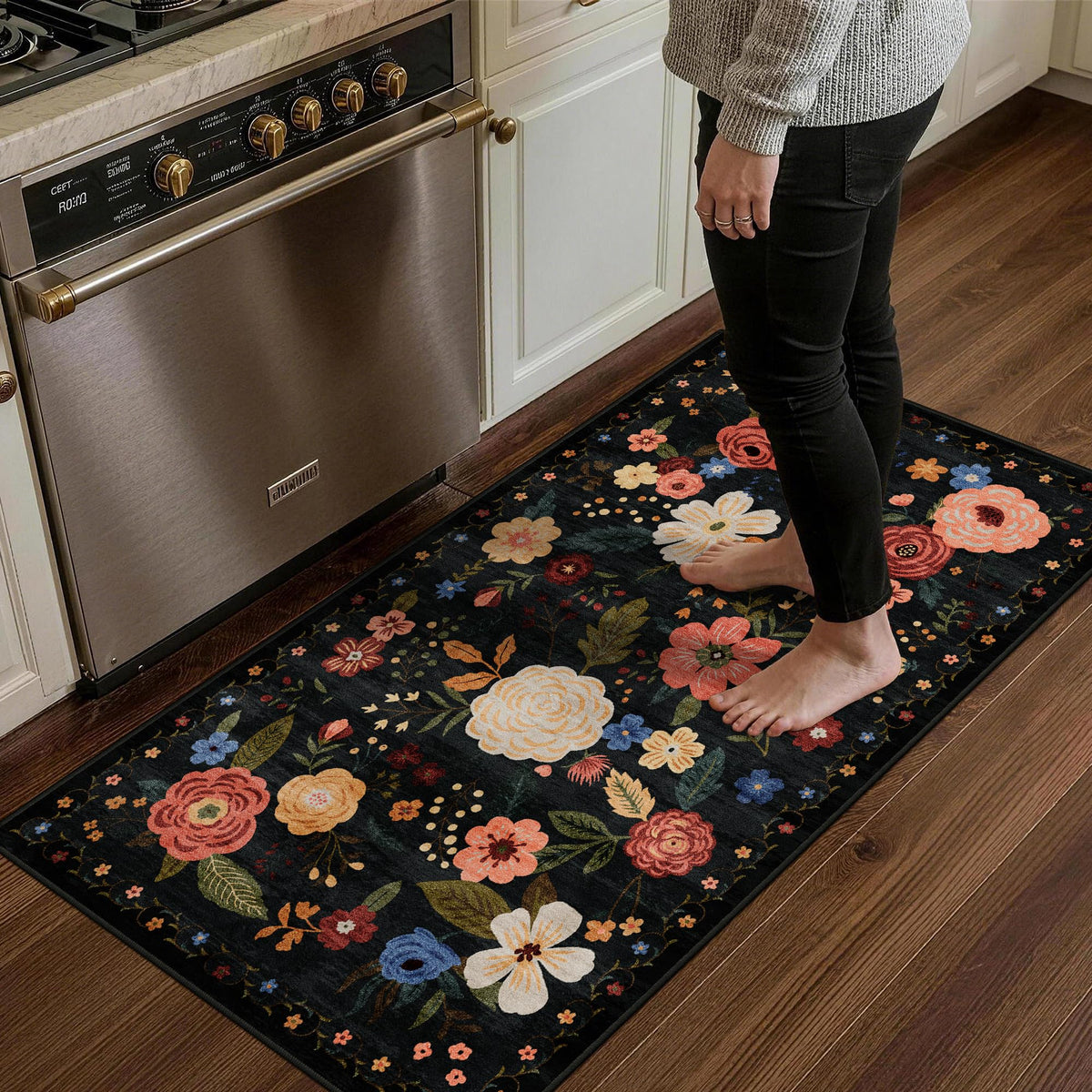 5x7 Washable Area Rug Green Boho Floral for Living Room Bedroom Nursery | Carpet for Dining Room, Soft Low-Pile Non-Slip Faux Wool, Farmhouse Indoor, Kid & Pet Friendly, Stain, Fade & Wear Resistant