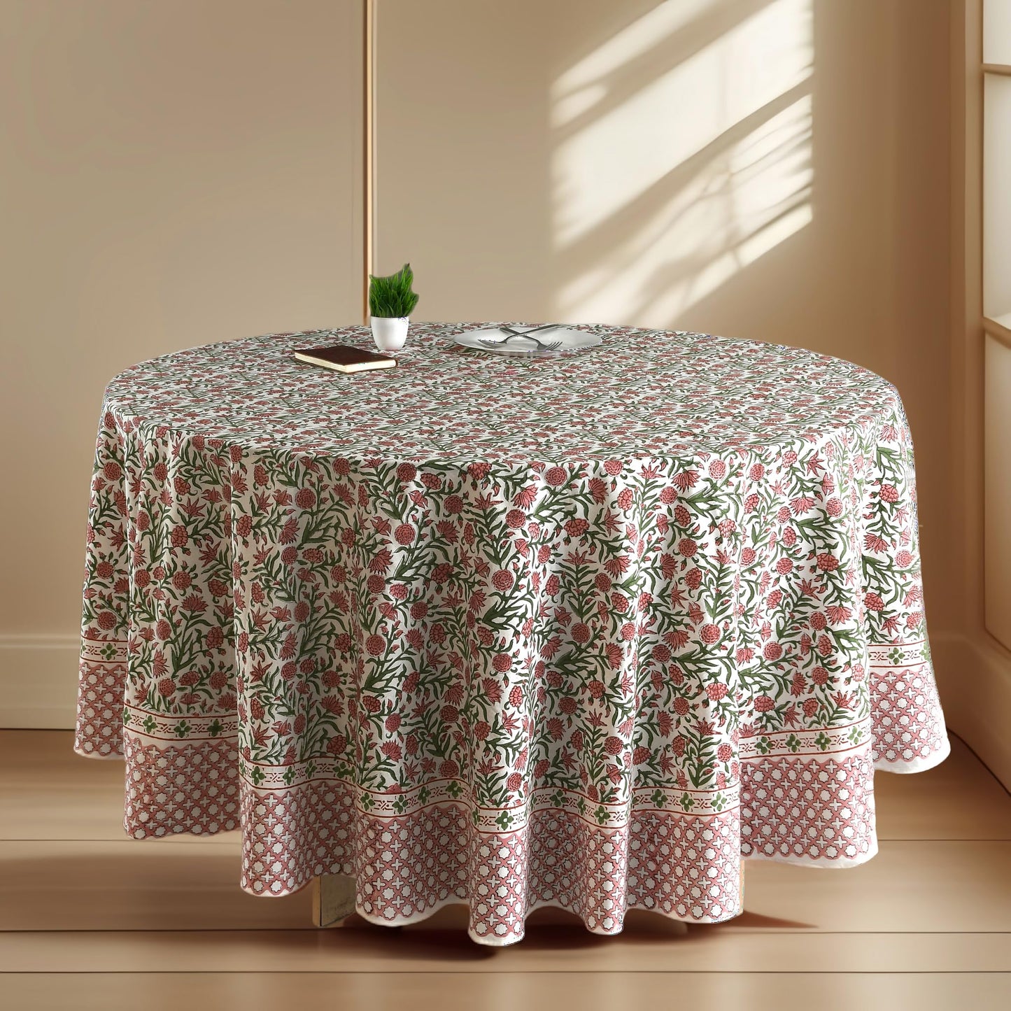 CPC Apatite Blue Block Print Cotton Handmade Round Tablecloth 110 Inch Decorative Table Cover for Home Decor, Dinning, Festive, Wedding, Farmhouse Gift for Spring, Mother's Day