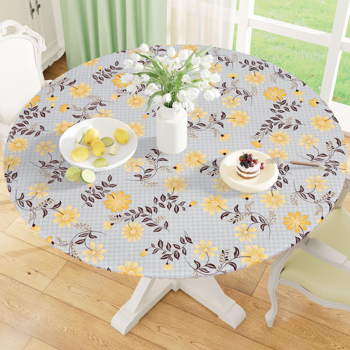 Round Fitted Tablecloth with Elastic Edge, 100% Waterproof Oil Proof Plastic Table Cover, Vinyl Flannel Backed Tablecloth Fits 36"-44" Round Tables for Dinner, Outdoor, Picnic, Oak Wooden Grain