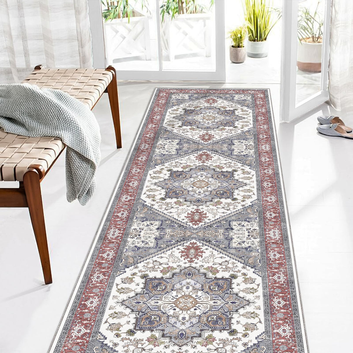 OPPODREAM Soft Area Rugs 5x7, Persian-Inspired Washable Rug, Blue & Gold | Low-Pile Faux Cashmere Surface, TPR Non-Slip Backing, 5 x 7 Carpet for Bedroom, Office, Dorm, Dining Room