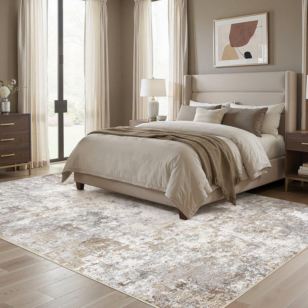 UERMEI 8x10 Area Rug Living Room Rugs - Washable Neutral Modern Abstract Soft Thin Large Rug Indoor Floor No Slip Rug Carpet for Bedroom Under Dining Table Home Office Decor - Brown Grey