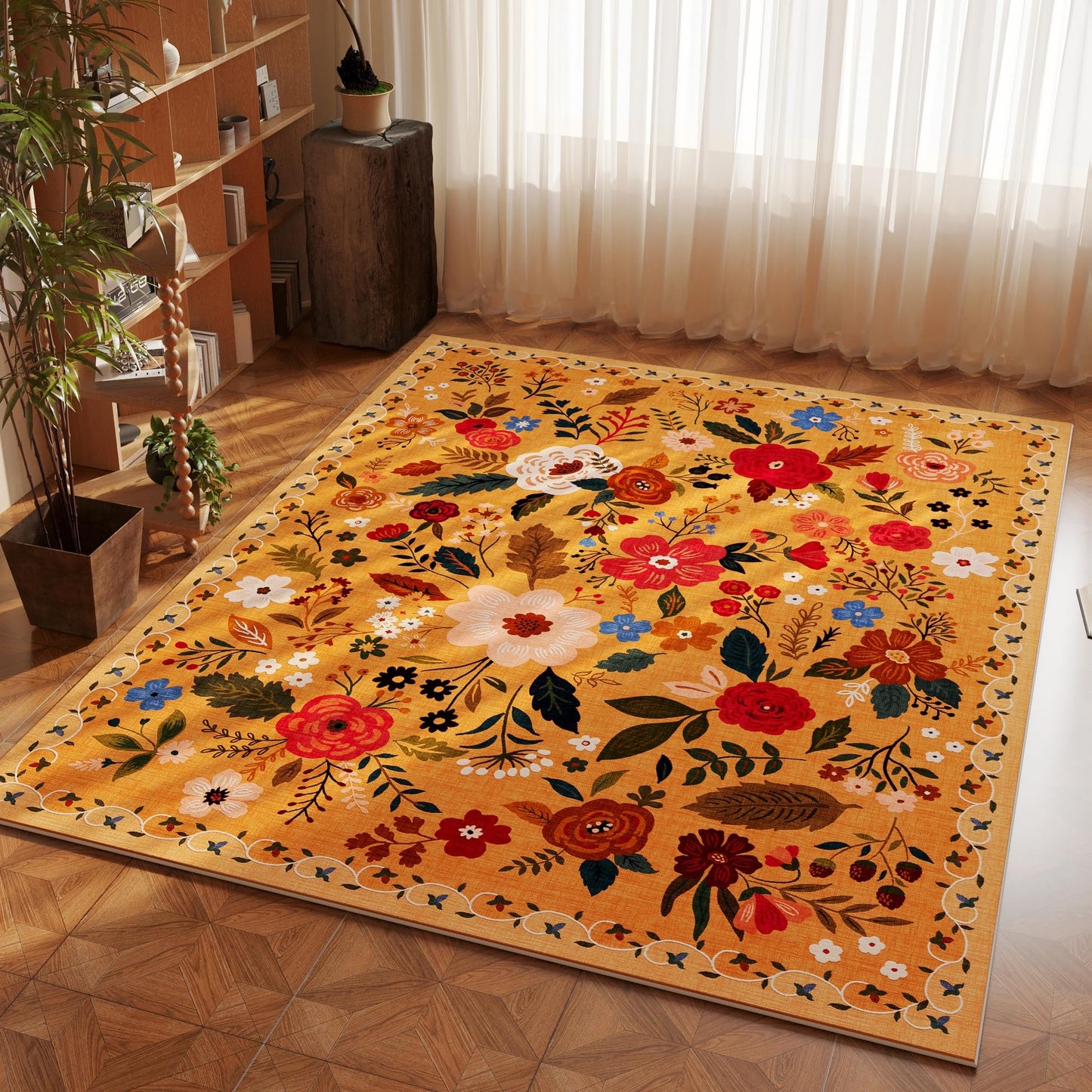 Rugcomf Living Room Rug 5x7 Rug Machine Washable Boho Area Rug Non Slip Floral Vintage Low Pile Large Rugs for Living Room, Bedroom, Farmhouse, Dining Room, Kids Playroom(Black)