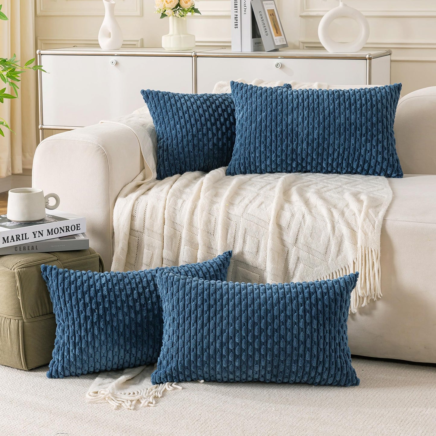 Set of 4 Neutral Decorative Throw Pillow Covers 18x18 Inch Corduroy Pillow Covers for Bed Couch Sofa Living Room Soft Square Cushion Cases