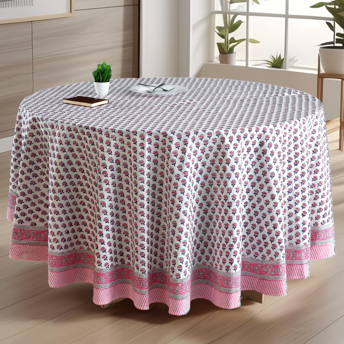 CPC Apatite Blue Block Print Cotton Handmade Round Tablecloth 110 Inch Decorative Table Cover for Home Decor, Dinning, Festive, Wedding, Farmhouse Gift for Spring, Mother's Day