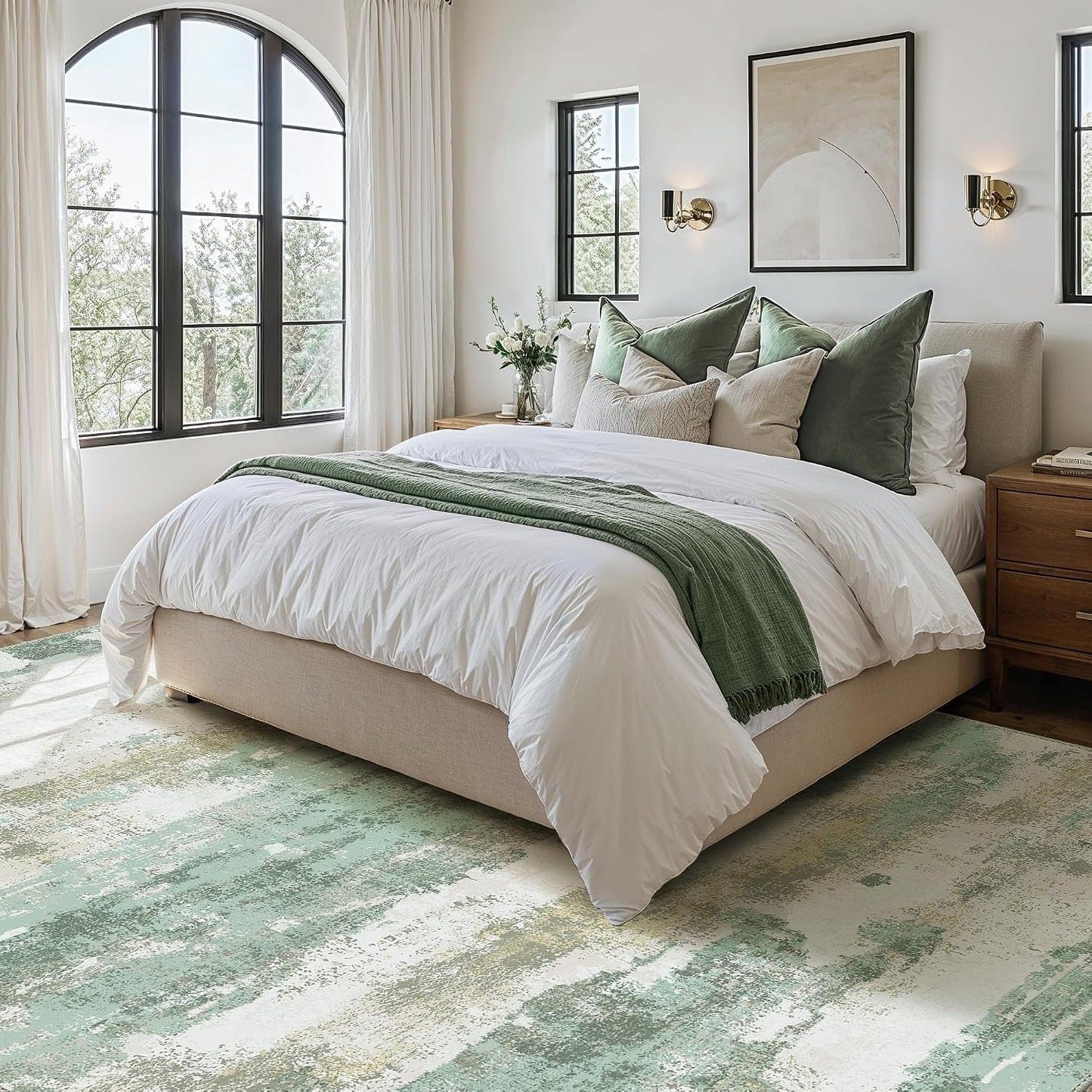 BEIMO 5x7 Green Abstract Area Rug, Washable Non-Slip for Bedroom | Soft Low-Pile Carpet, Lightweight and Easy to Vacuum, Sage Living Rooms, Dining Rooms, Bedrooms, and Home Offices