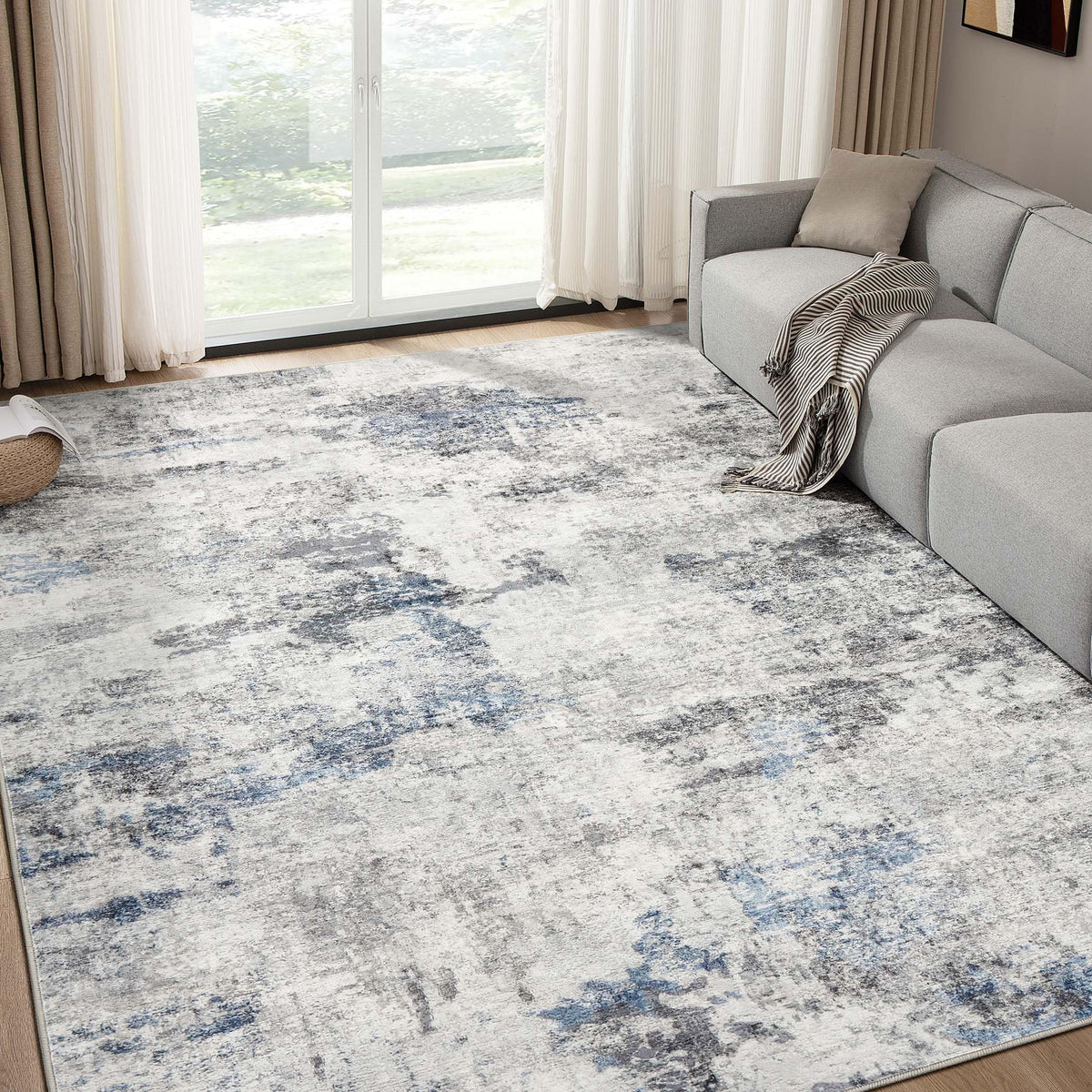 DMOYEST 8x10 Area Rug for Living Room Washable Abstract Indoor Carpet | Neutral Modern Low Pile Rugs Kid & Pet Friendly Large Soft Thin Carpet for Bedroom Dining Room - Grey Blue